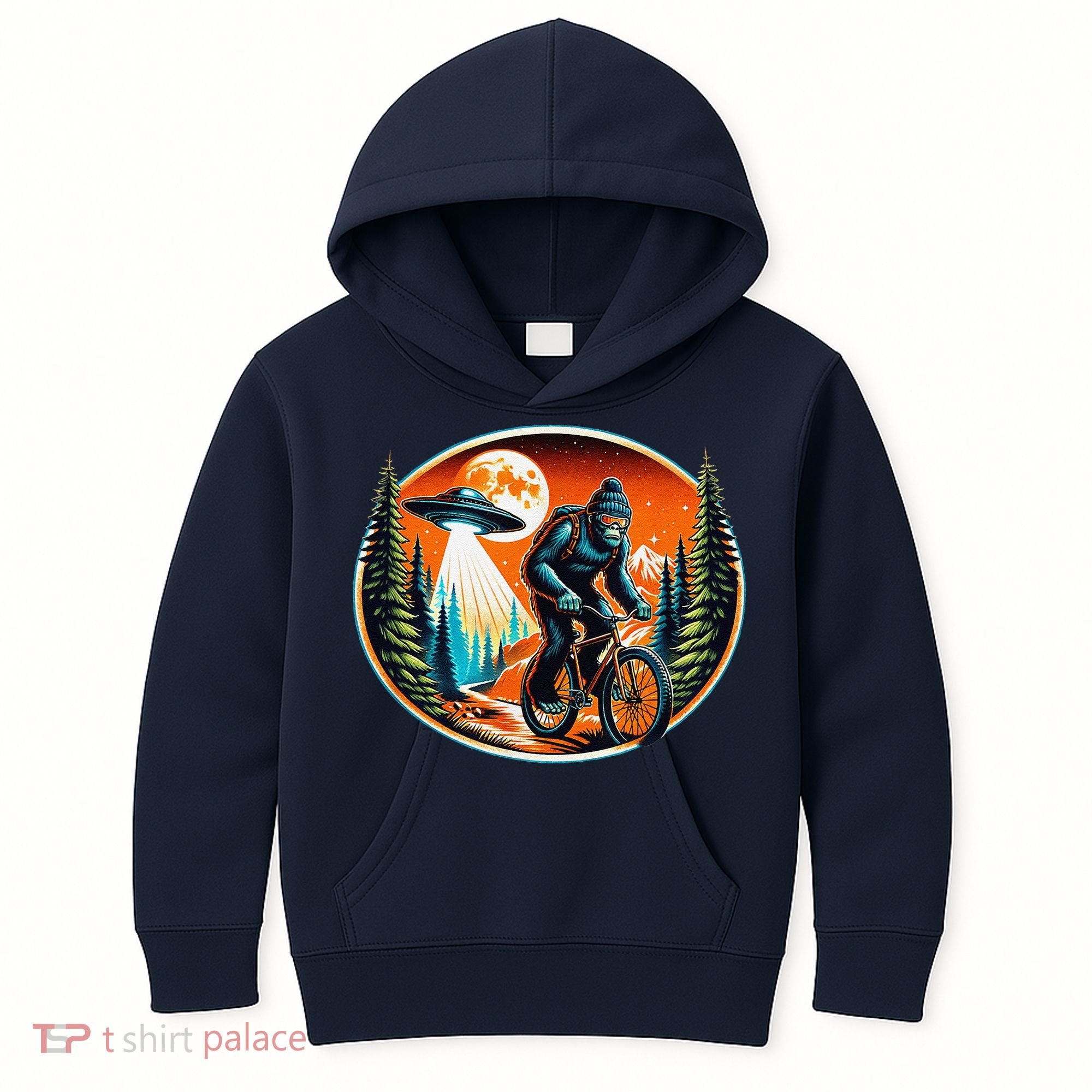 Bigfoot Alien Ufo Bicycle Ride Sasquatch On Bicycle Kids Hoodie
