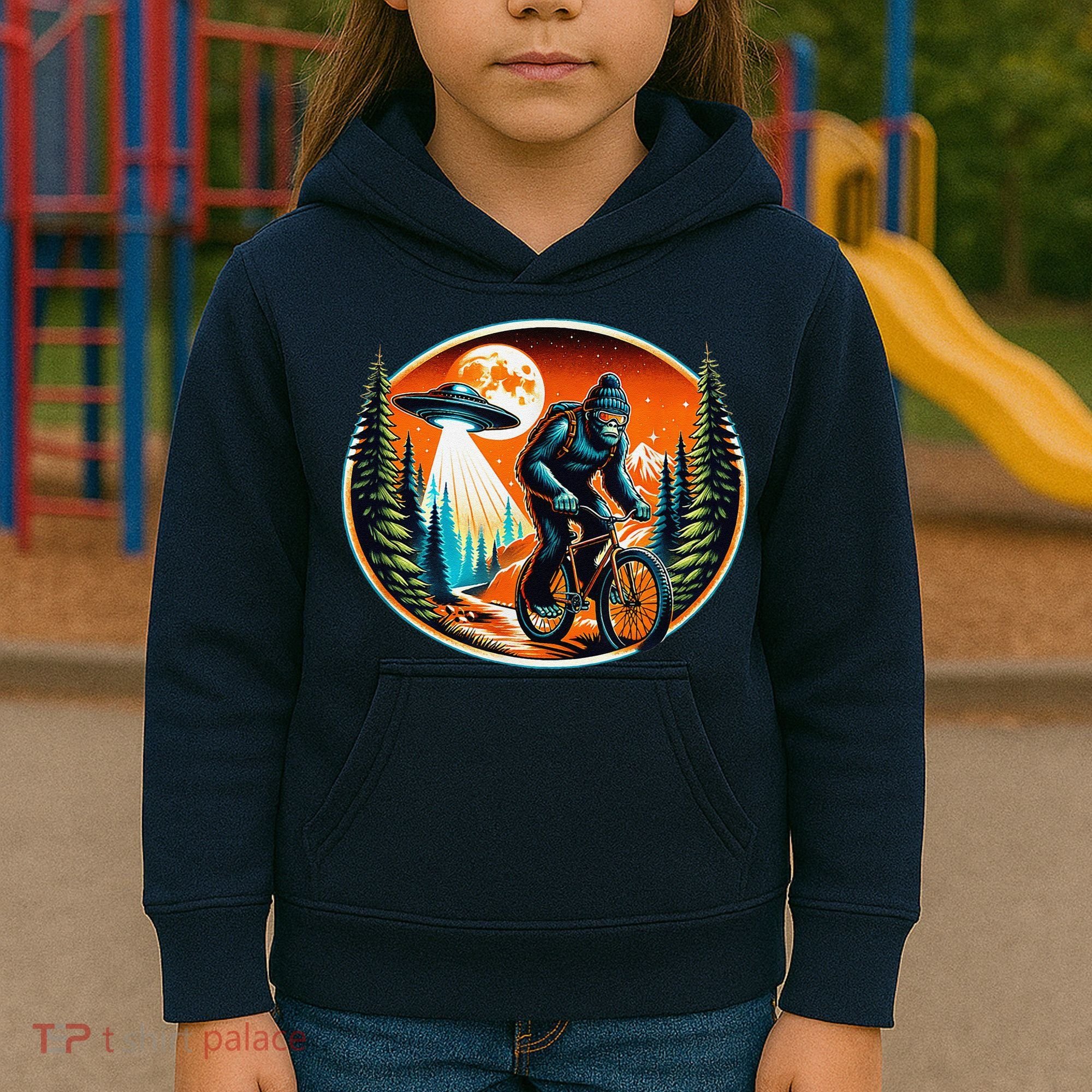 Bigfoot Alien Ufo Bicycle Ride Sasquatch On Bicycle Kids Hoodie