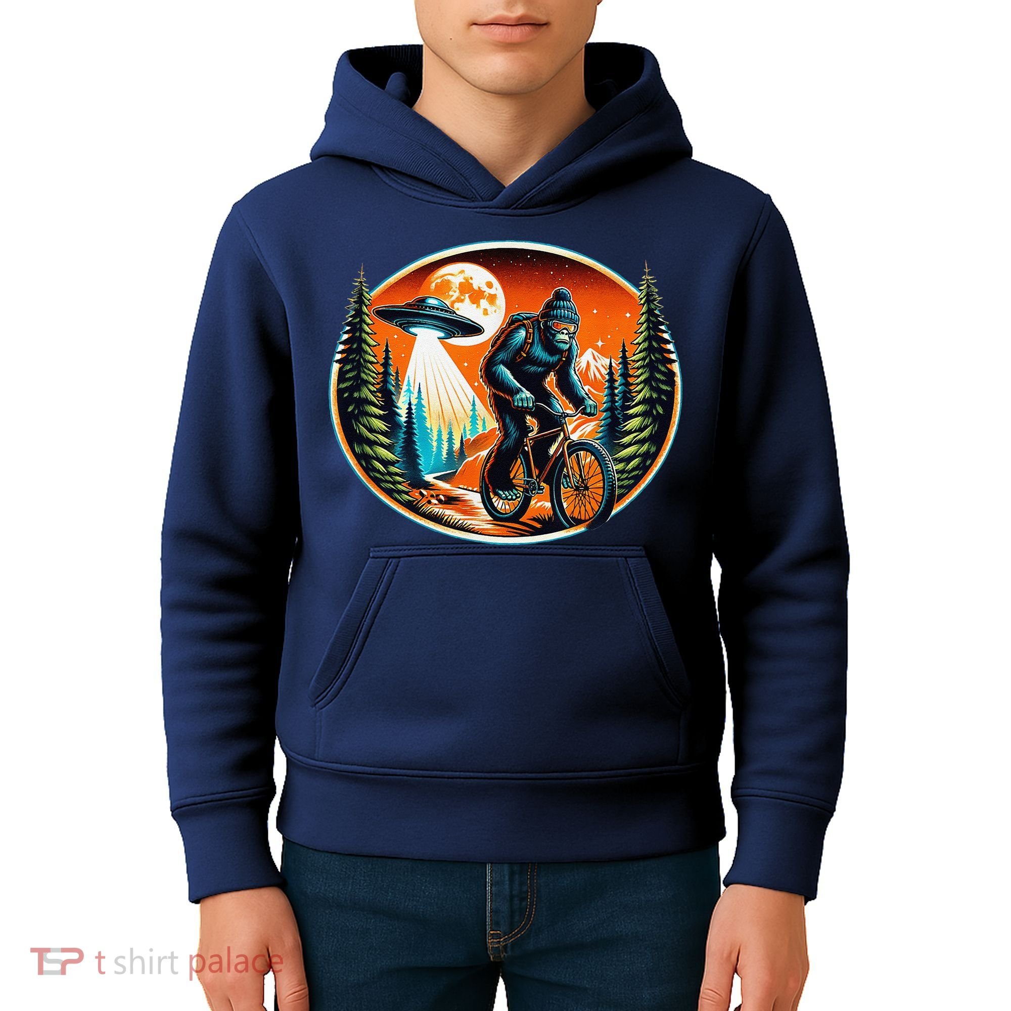 Bigfoot Alien Ufo Bicycle Ride Sasquatch On Bicycle Kids Hoodie