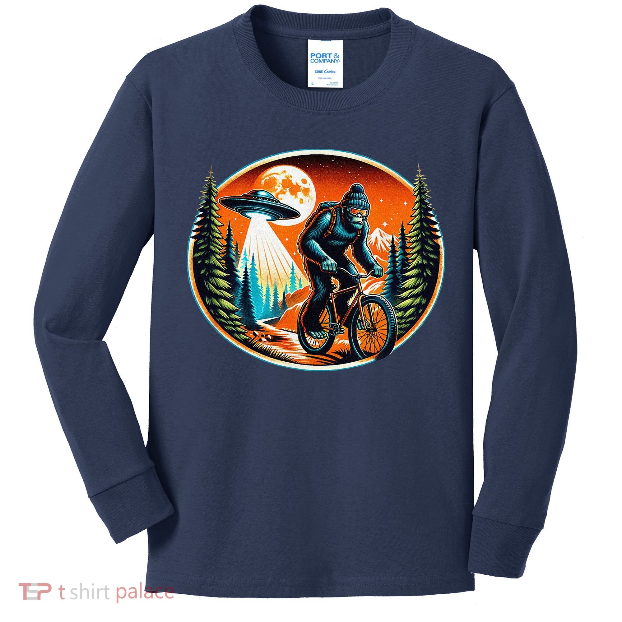 Bigfoot Alien Ufo Bicycle Ride Sasquatch On Bicycle Kids Long Sleeve Shirt
