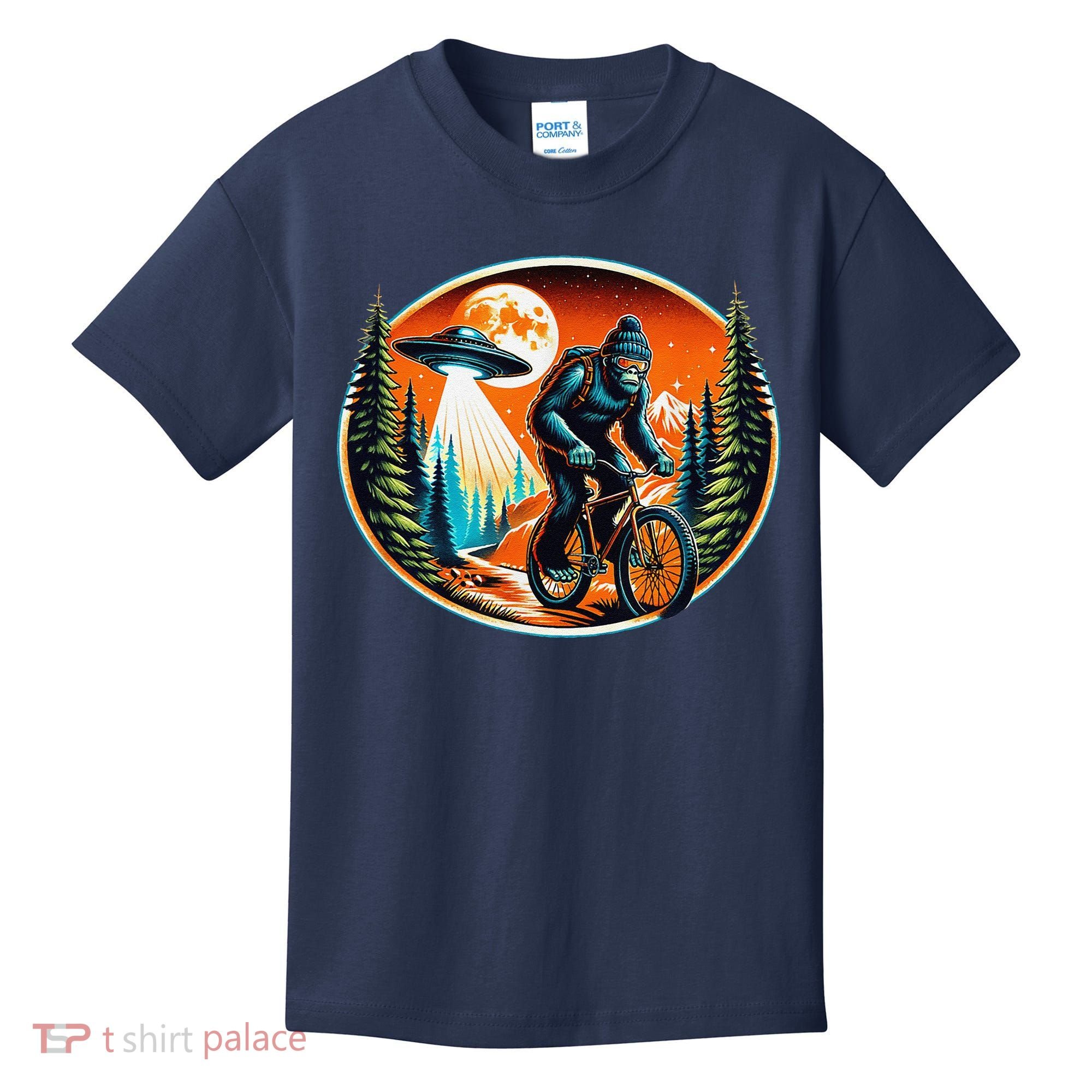Bigfoot Alien Ufo Bicycle Ride Sasquatch On Bicycle Kids T-Shirt