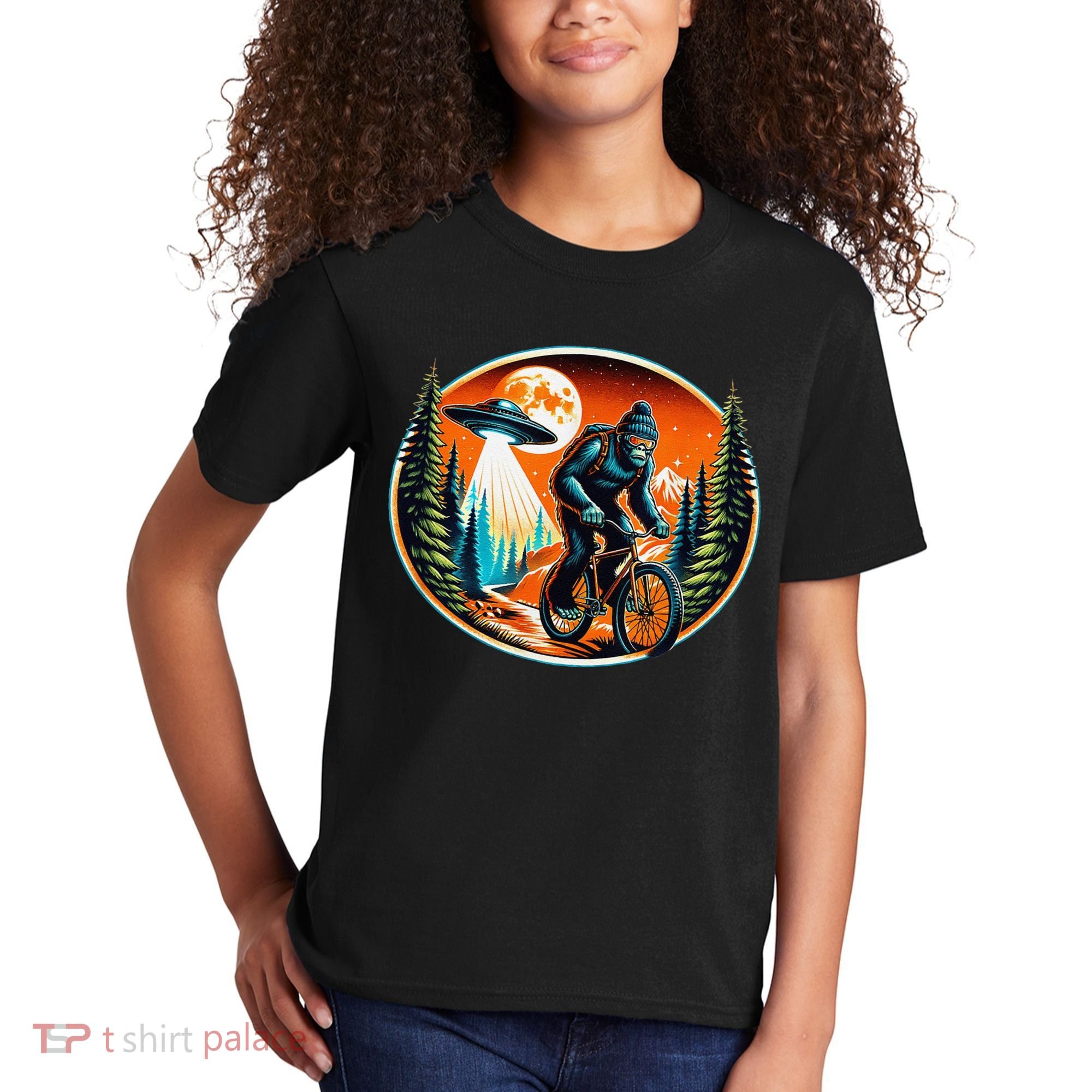 Bigfoot Alien Ufo Bicycle Ride Sasquatch On Bicycle Kids T-Shirt