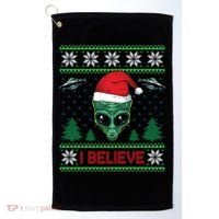 Believe Alien Ufo Funny Christmas Alien Head Graphic Ugly Gift Golf Towel thumb 0