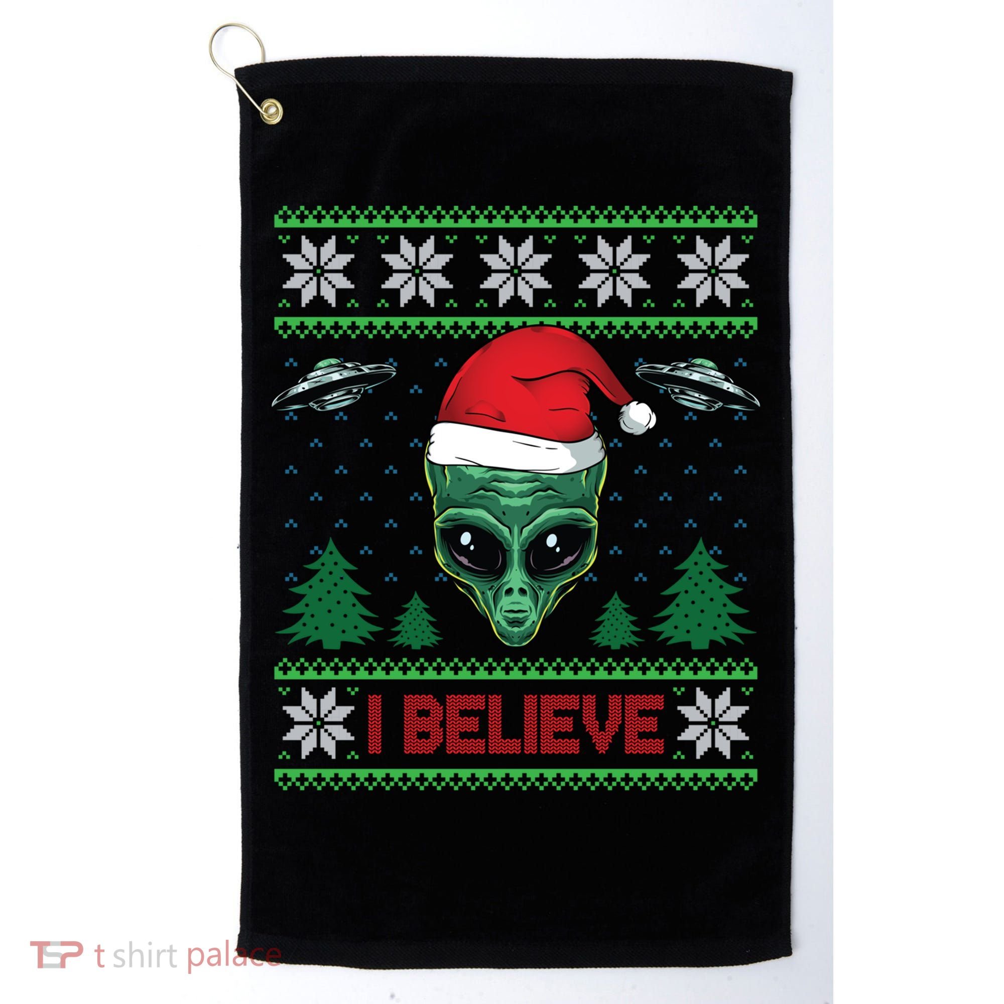 Believe Alien Ufo Funny Christmas Alien Head Graphic Ugly Gift Golf Towel