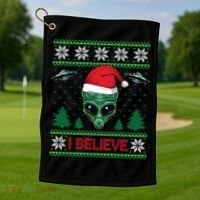 Believe Alien Ufo Funny Christmas Alien Head Graphic Ugly Gift Golf Towel thumb 1