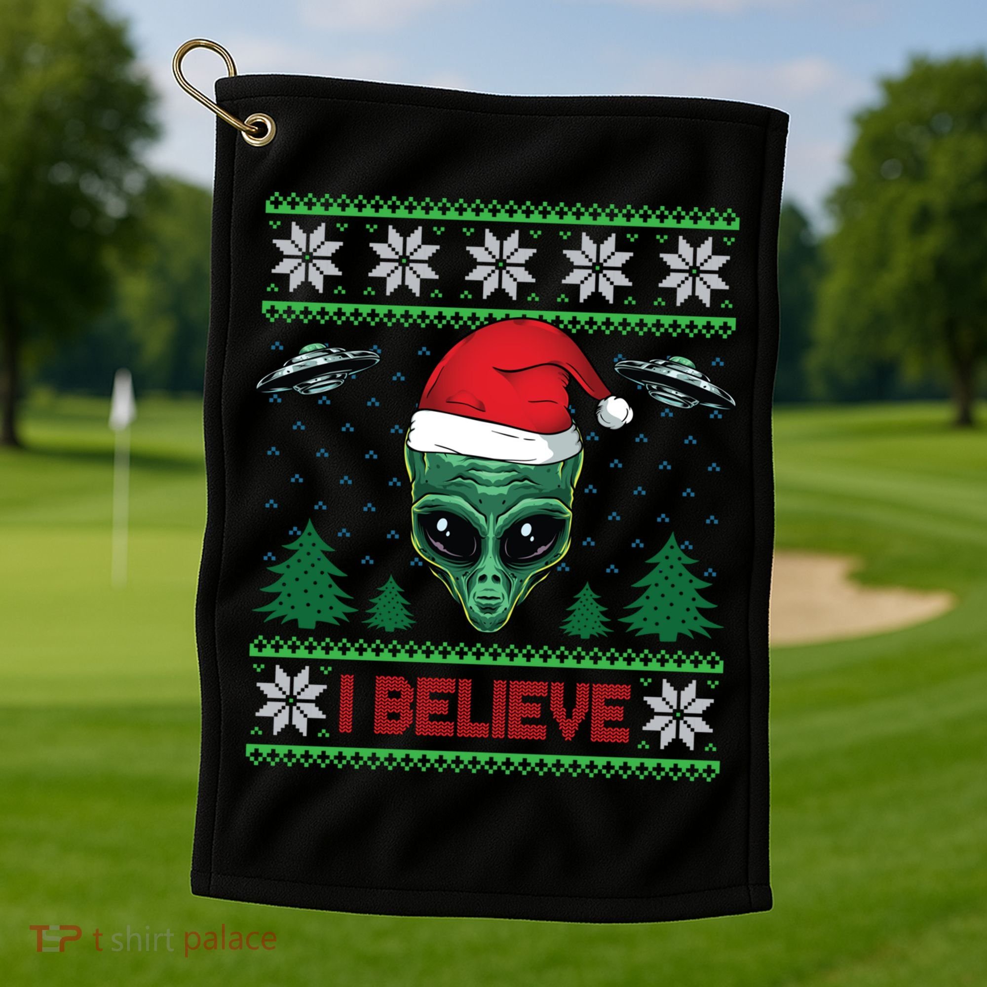 Believe Alien Ufo Funny Christmas Alien Head Graphic Ugly Gift Golf Towel
