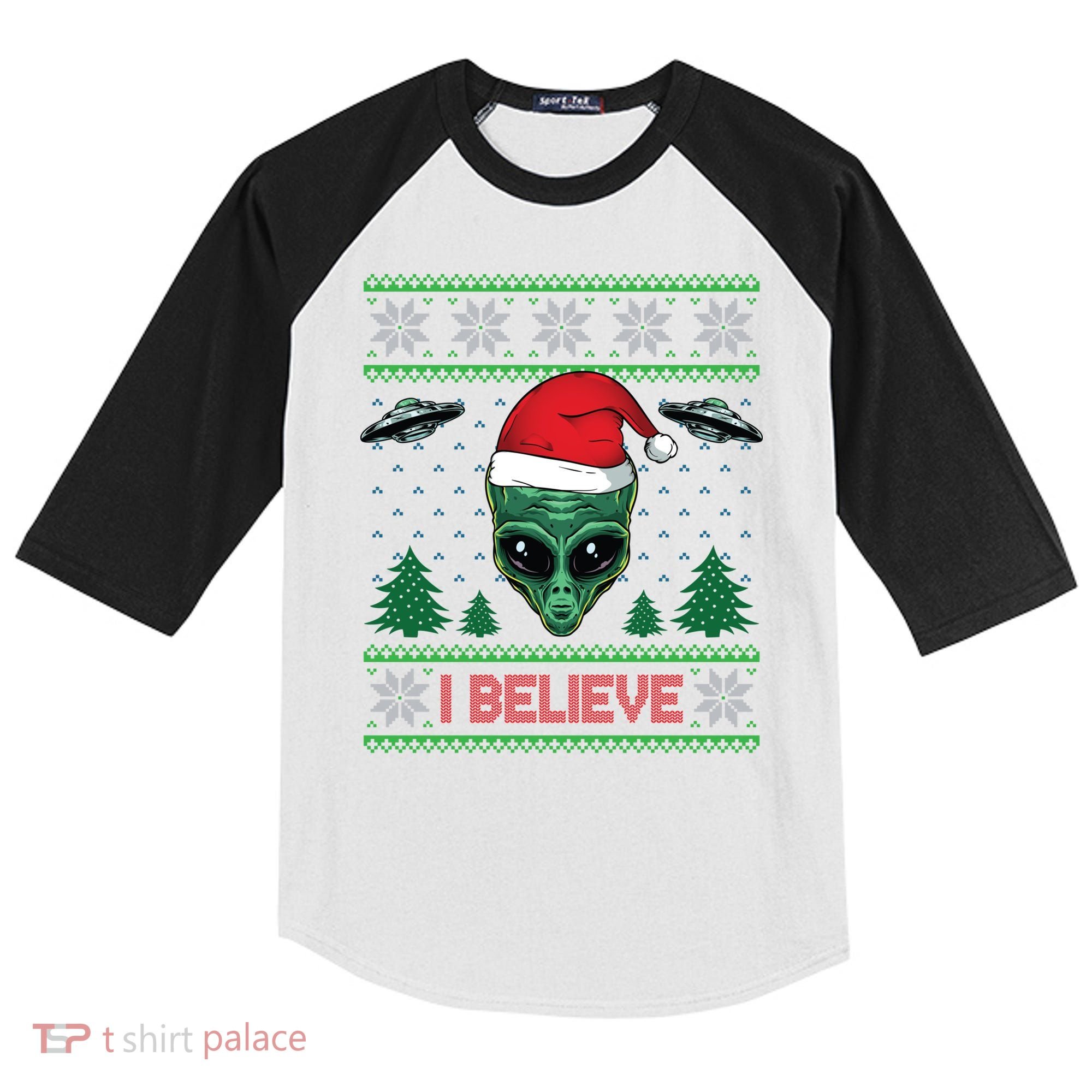 Believe Alien Ufo Funny Christmas Alien Head Graphic Ugly Gift Kids Colorblock Raglan Jersey