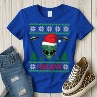 Believe Alien Ufo Funny Christmas Alien Head Graphic Ugly Gift Women's T-Shirt thumb 3