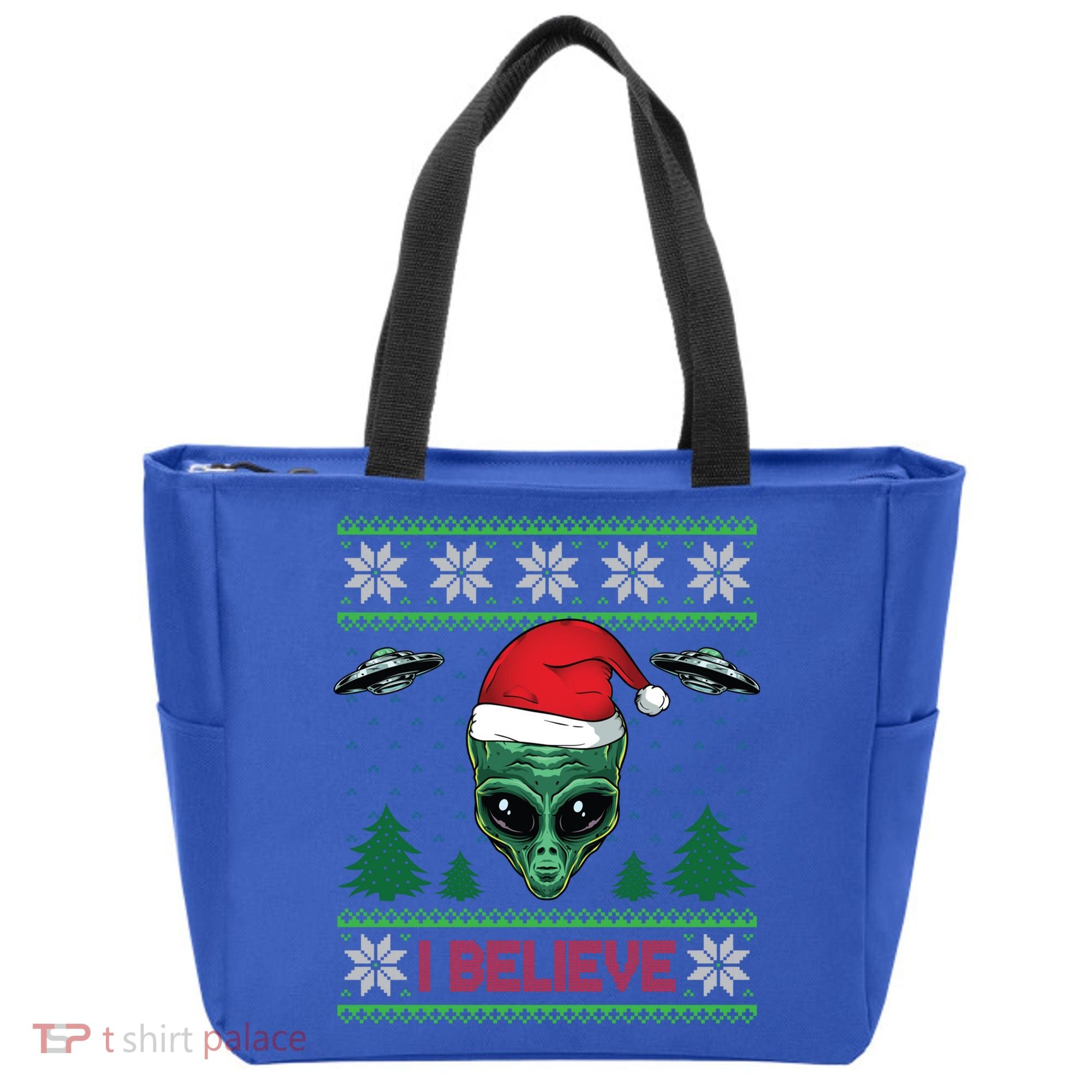 Believe Alien Ufo Funny Christmas Alien Head Graphic Ugly Gift Tote Bag
