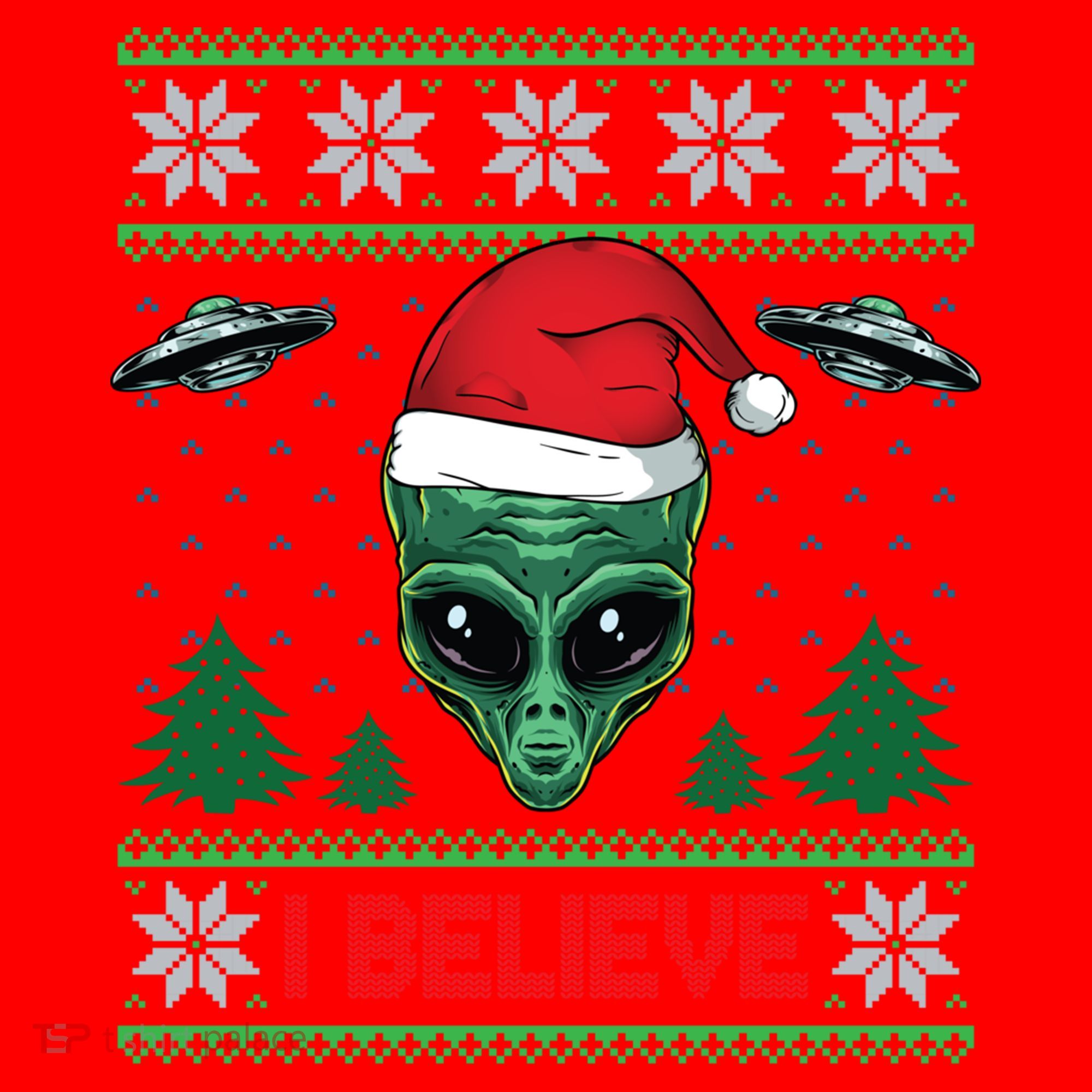 Believe Alien Ufo Funny Christmas Alien Head Graphic Ugly Gift Santa Hat