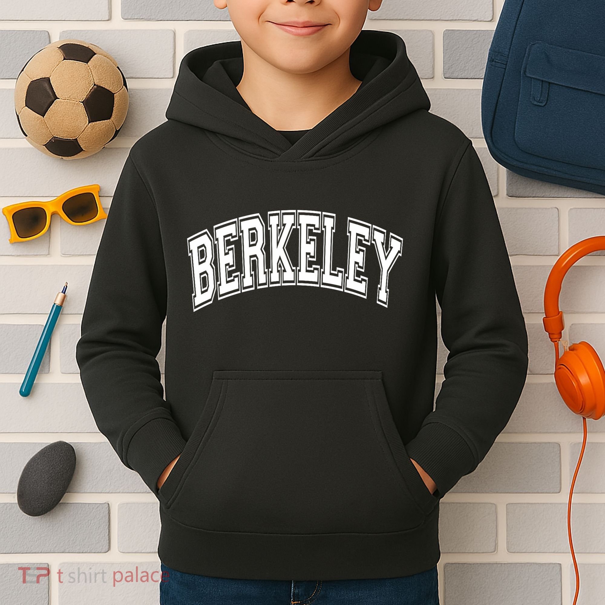 Berkeley Arched White Text Kids Hoodie
