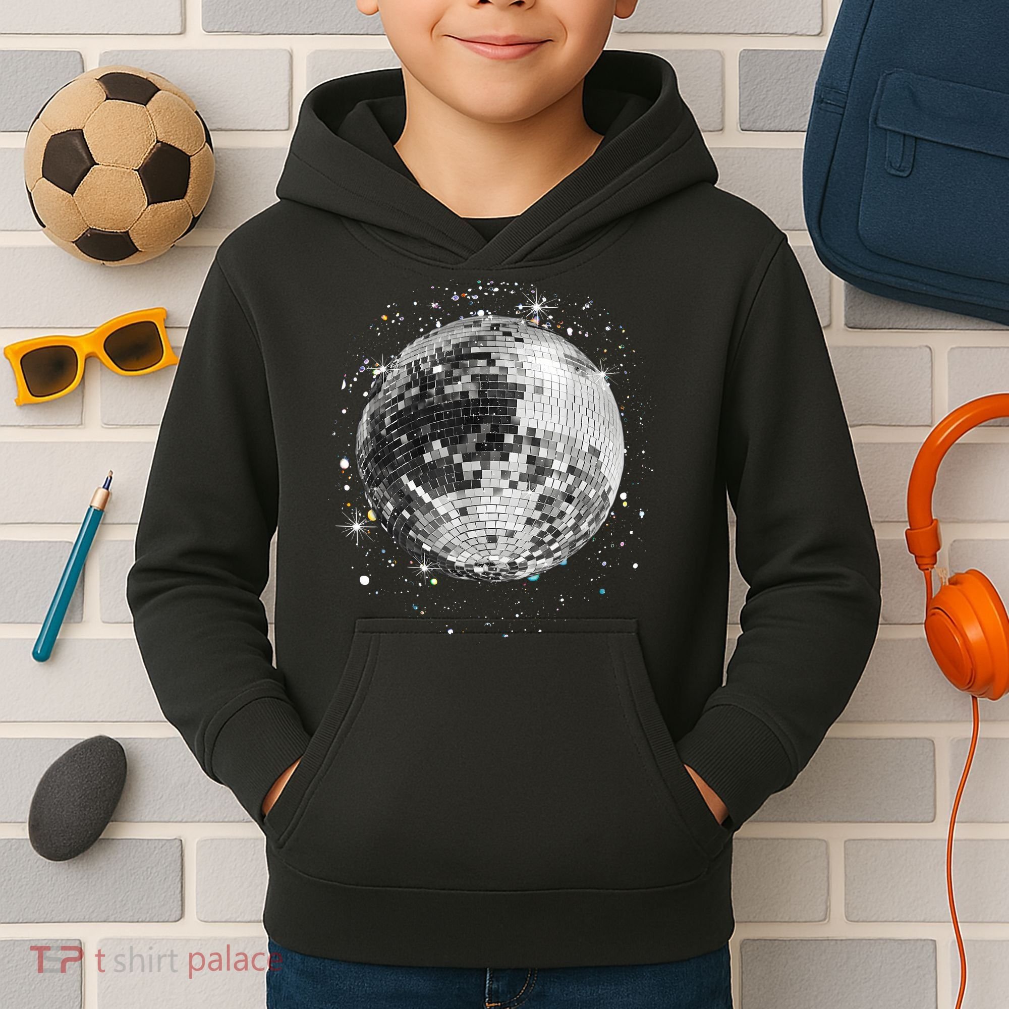 Black And White Disco Ball Club Retro Kids Hoodie
