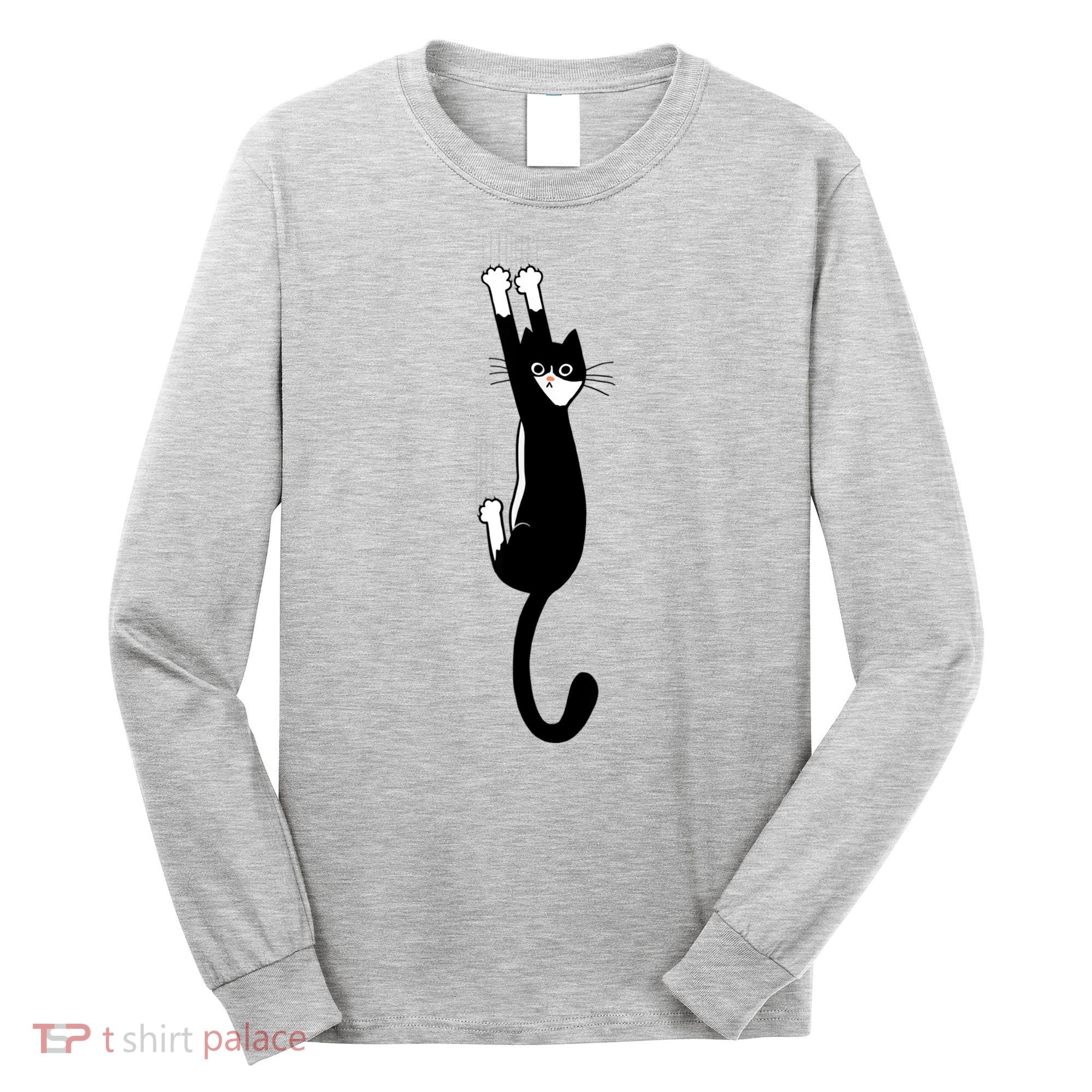 Black And White Cat Hanging On Funny Tuxedo Cat Lovers Long Sleeve Shirt