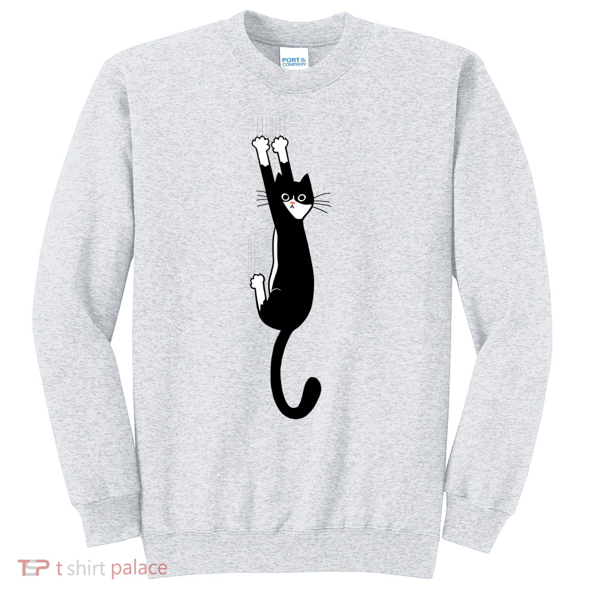 Black And White Cat Hanging On Funny Tuxedo Cat Lovers Sweatshirt