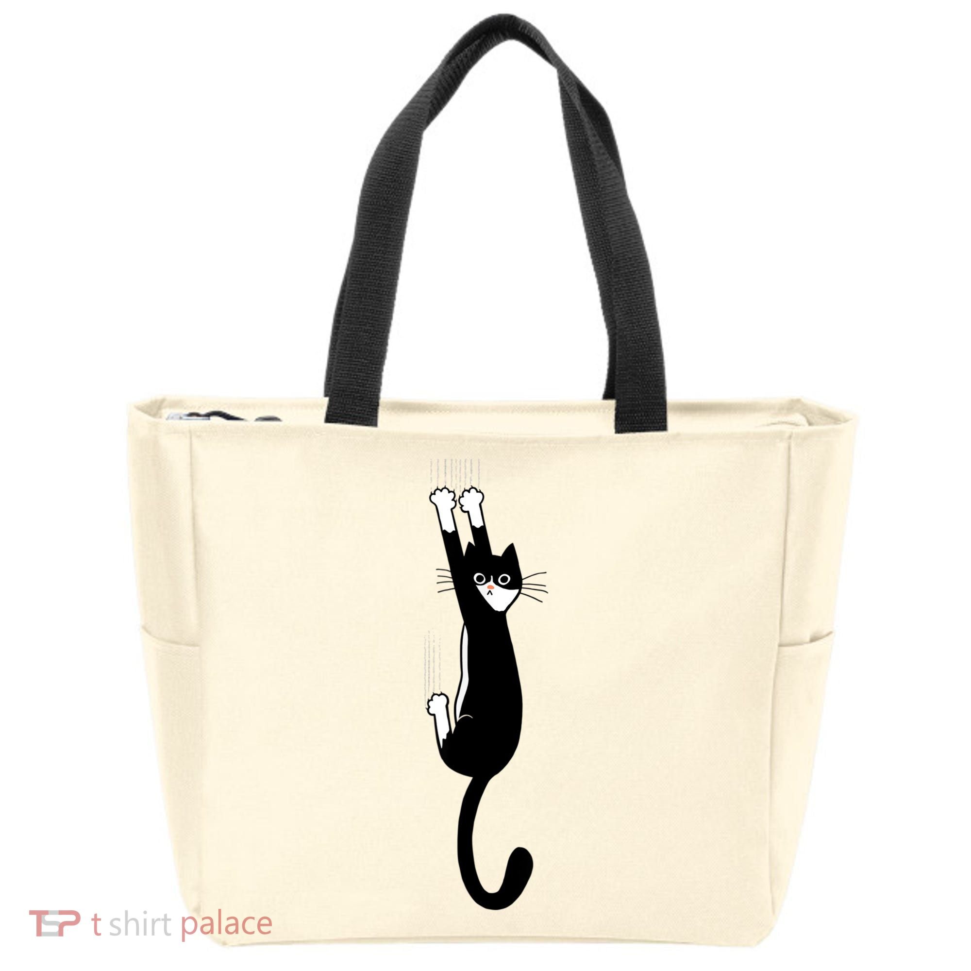 Black And White Cat Hanging On Funny Tuxedo Cat Lovers Tote Bag
