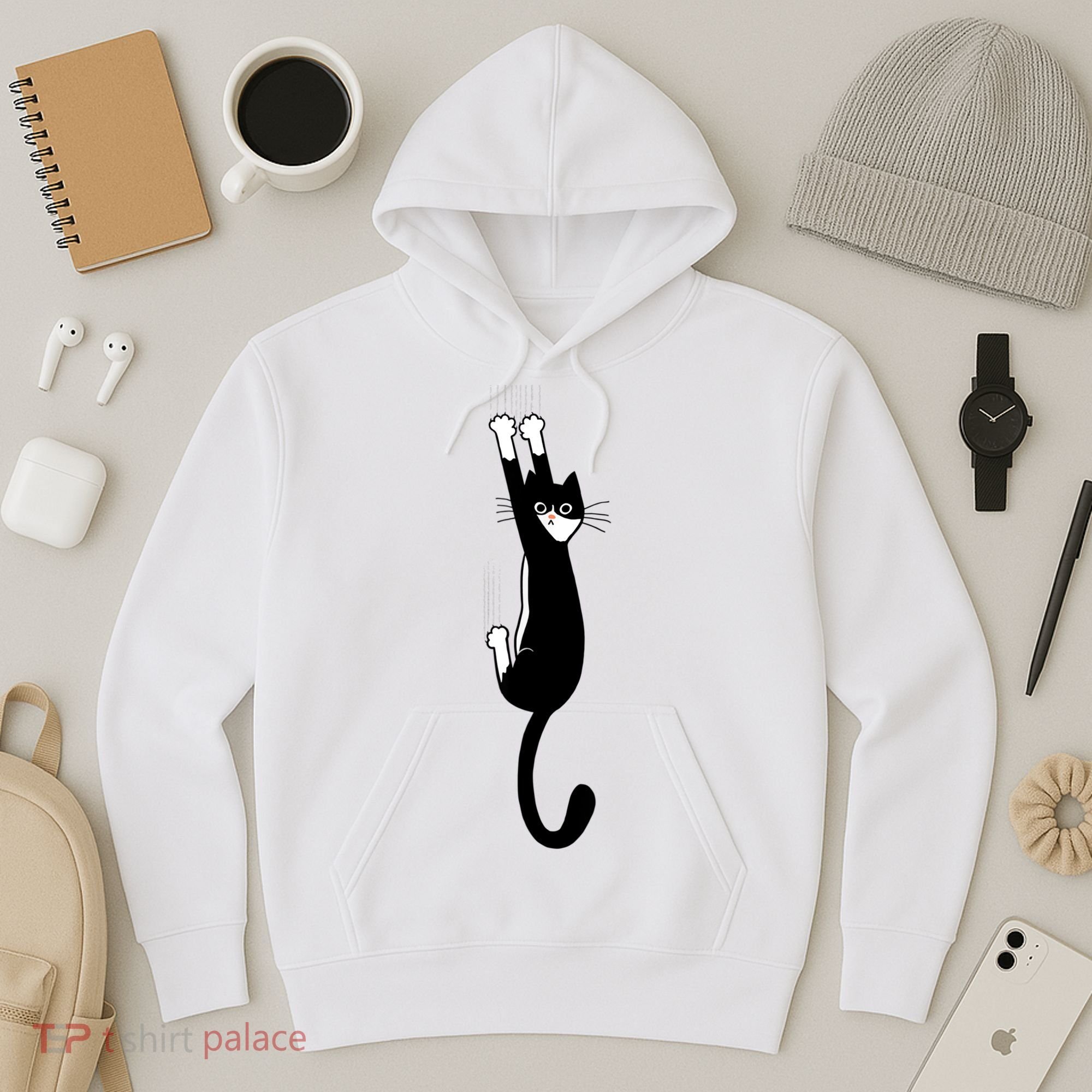 Black And White Cat Hanging On Funny Tuxedo Cat Lovers Hoodie