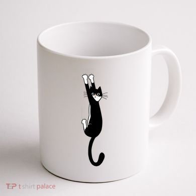 Black And White Cat Hanging On Funny Tuxedo Cat Lovers Coffee Mug back