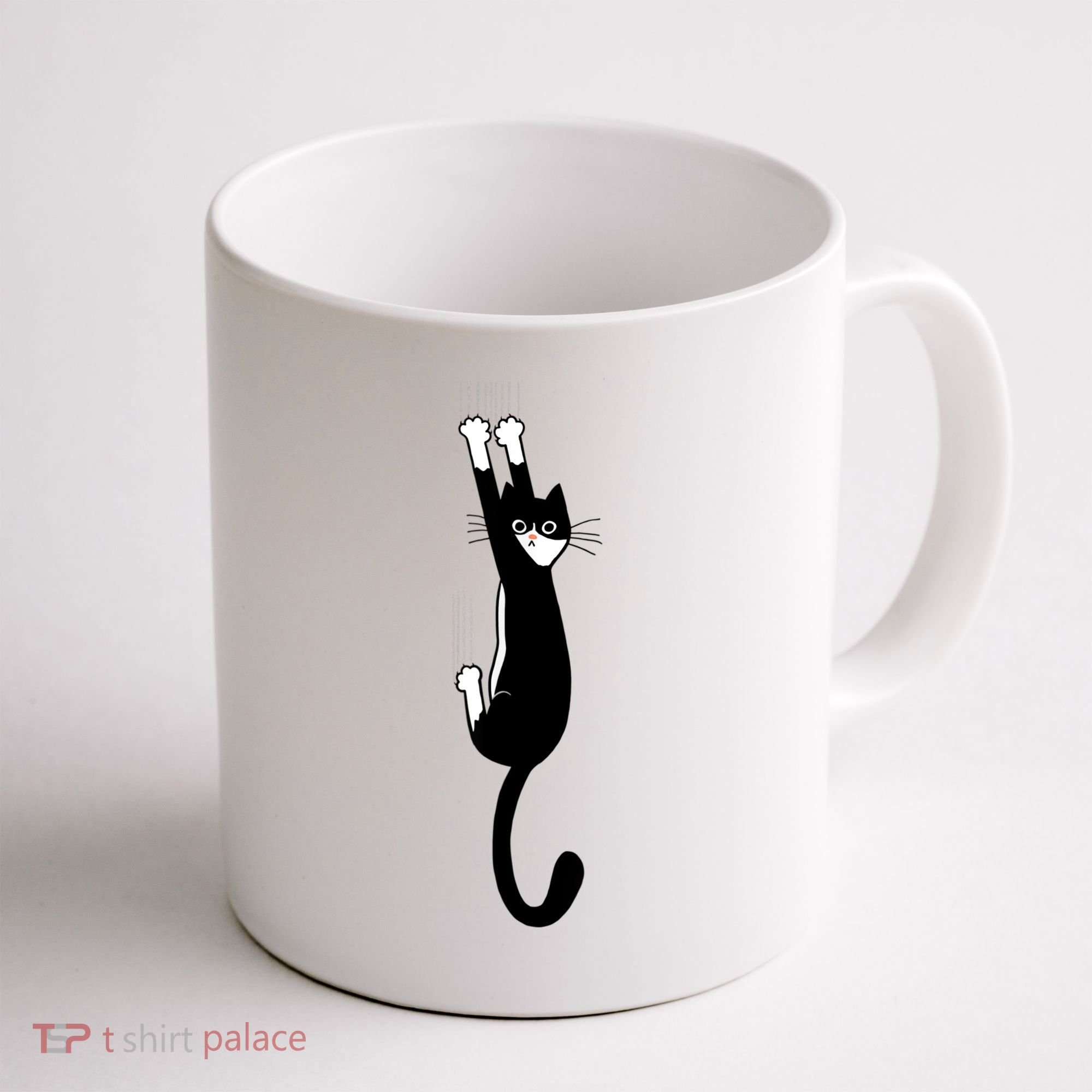 Black And White Cat Hanging On Funny Tuxedo Cat Lovers Coffee Mug