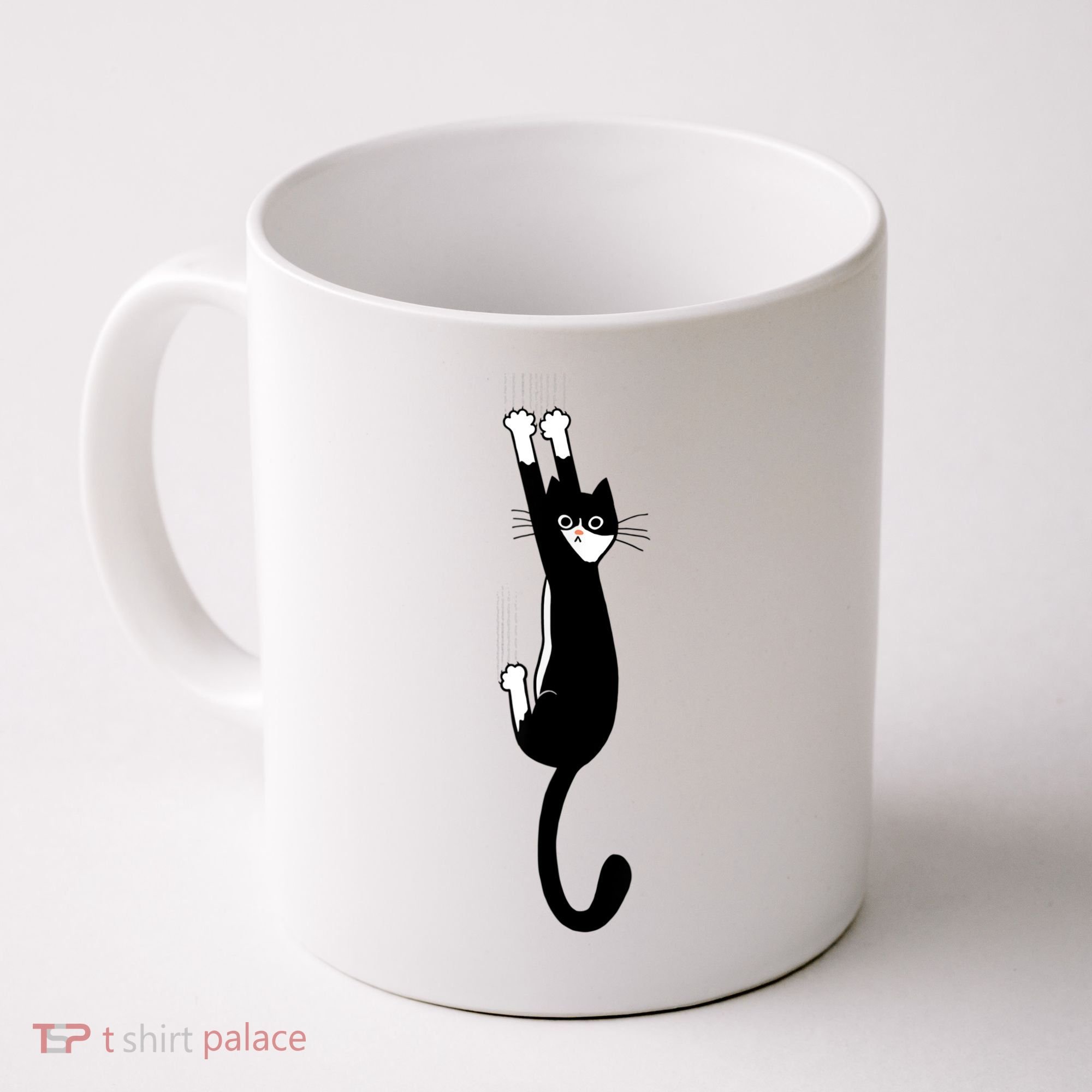 Black And White Cat Hanging On Funny Tuxedo Cat Lovers Coffee Mug
