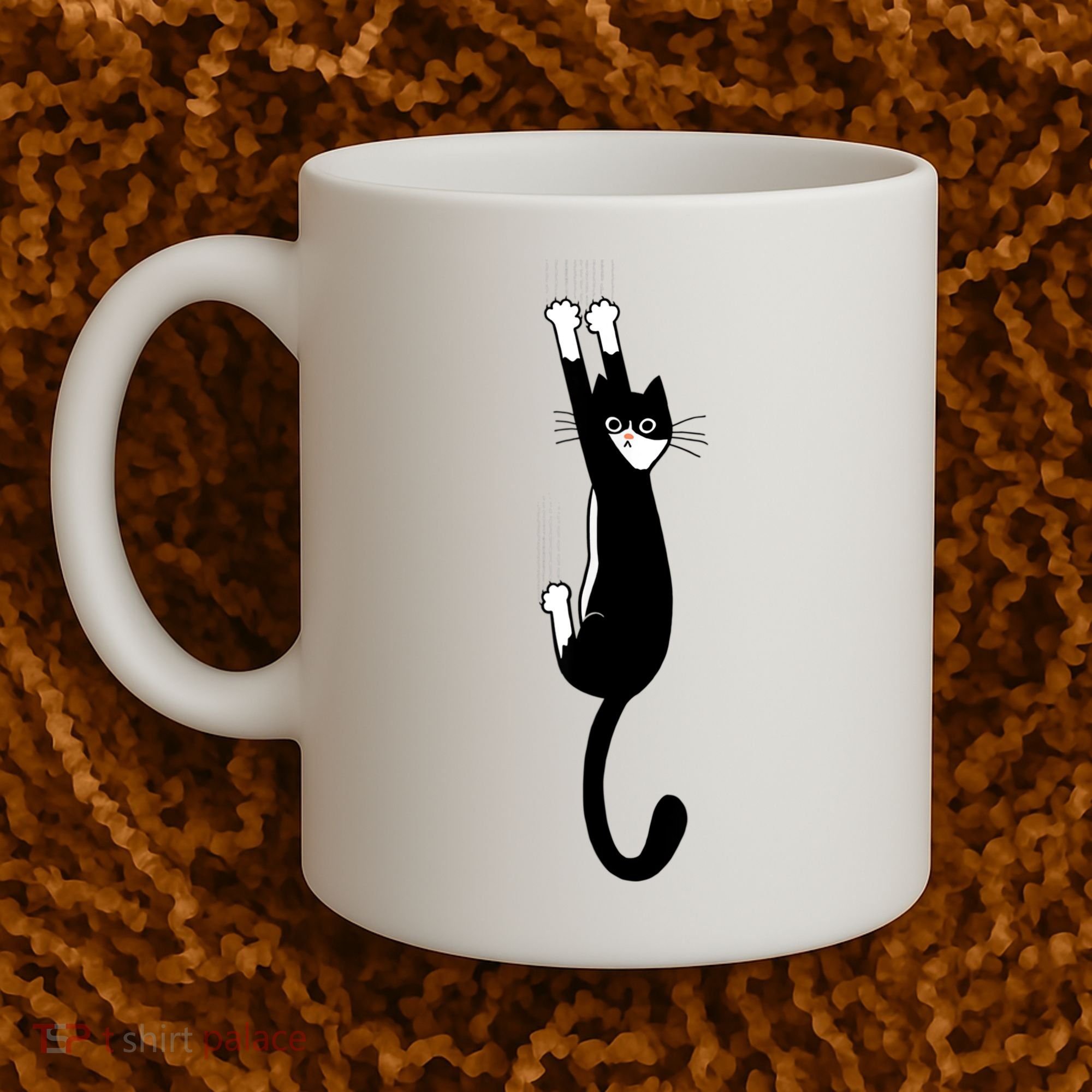 Black And White Cat Hanging On Funny Tuxedo Cat Lovers Coffee Mug
