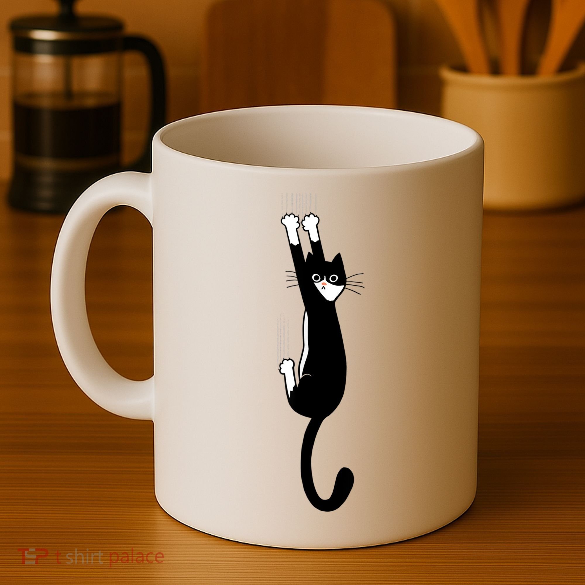 Black And White Cat Hanging On Funny Tuxedo Cat Lovers Coffee Mug
