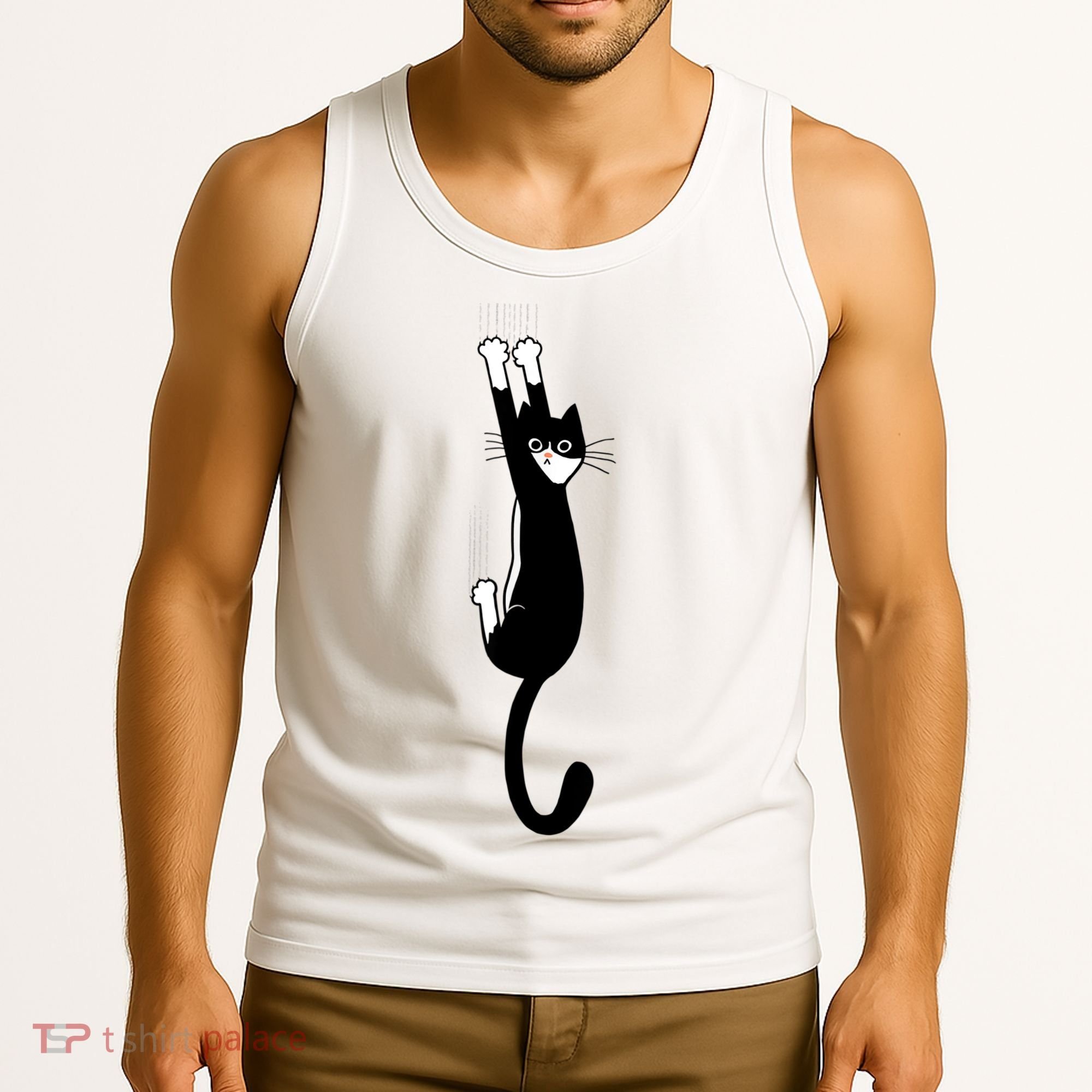 Black And White Cat Hanging On Funny Tuxedo Cat Lovers Tank Top