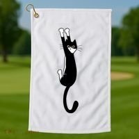 Black And White Cat Hanging On Funny Tuxedo Cat Lovers Golf Towel thumb 1