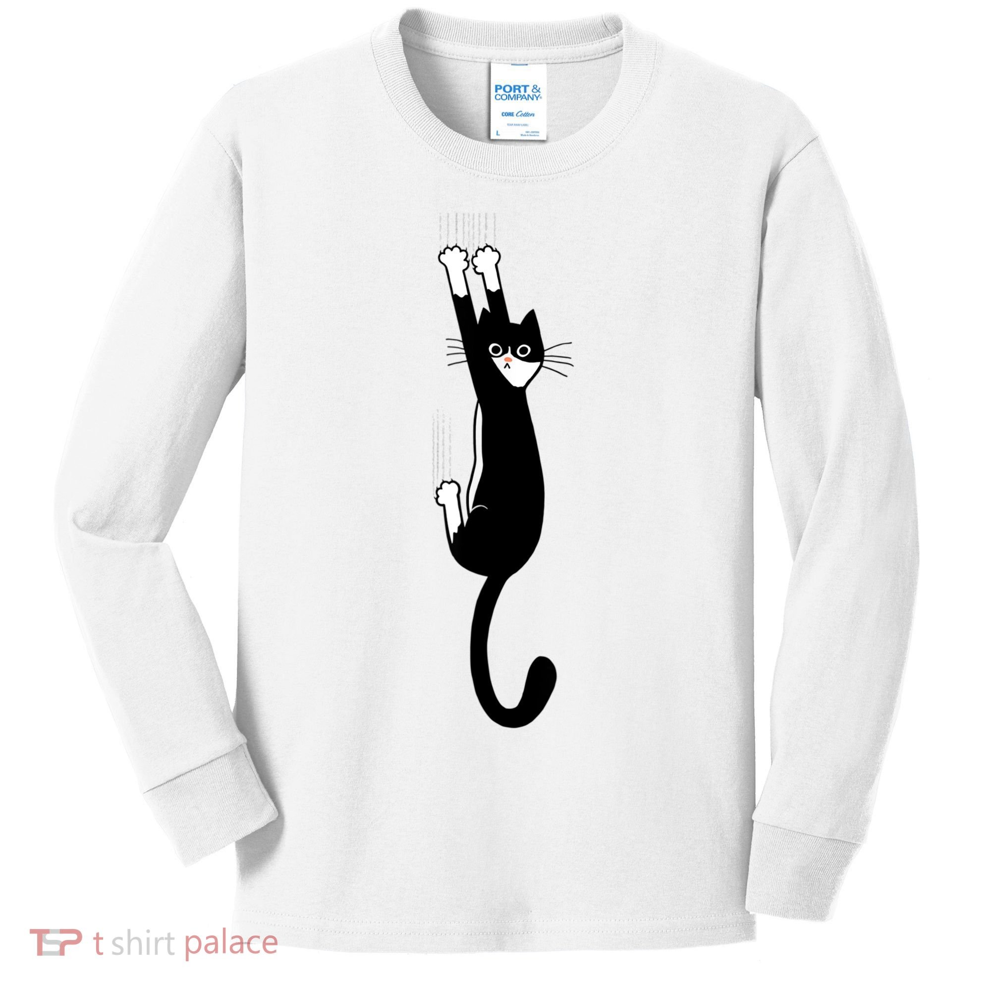 Black And White Cat Hanging On Funny Tuxedo Cat Lovers Kids Long Sleeve Shirt