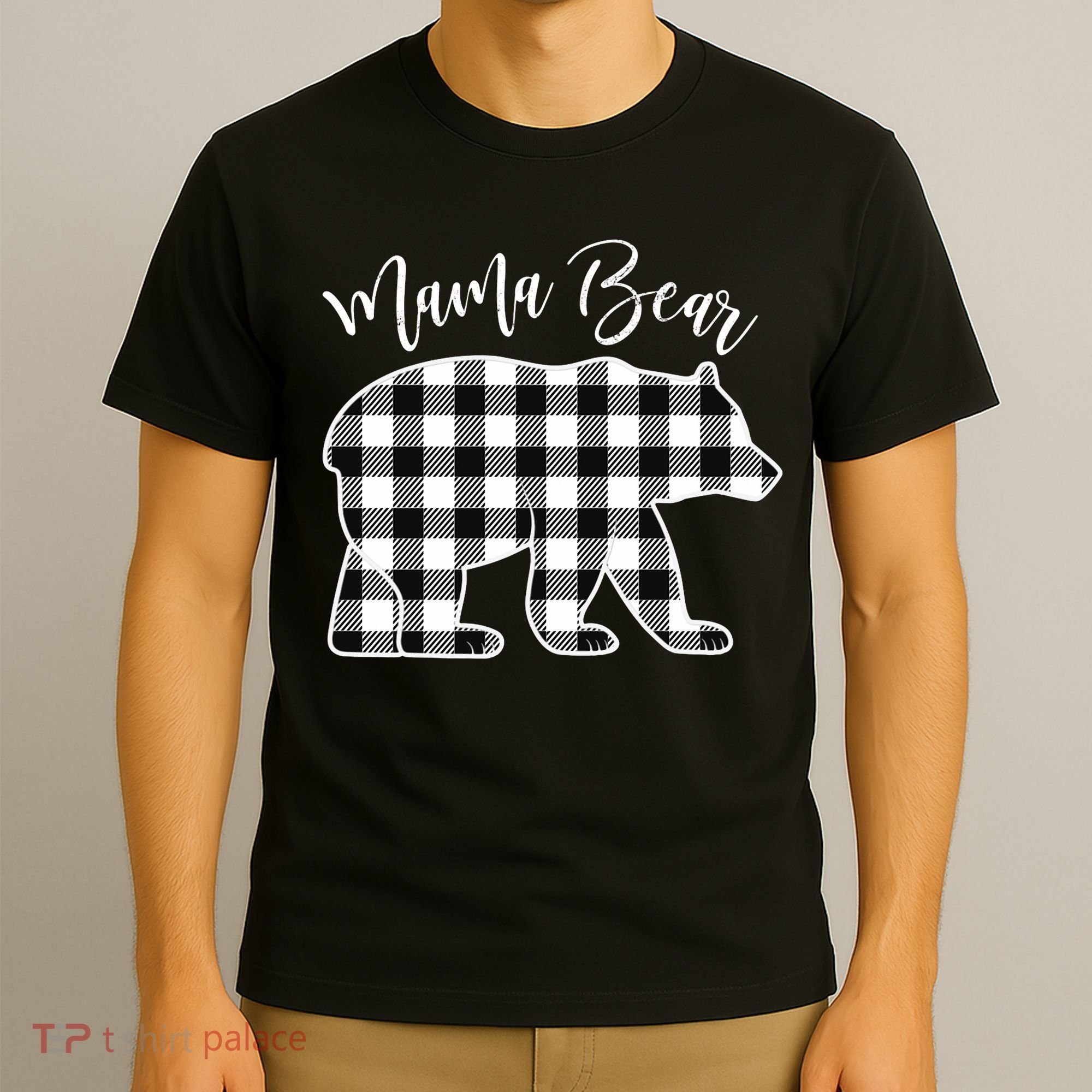 Black And White Buffalo Plaid Mama Bear Christmas Pajama T-Shirt
