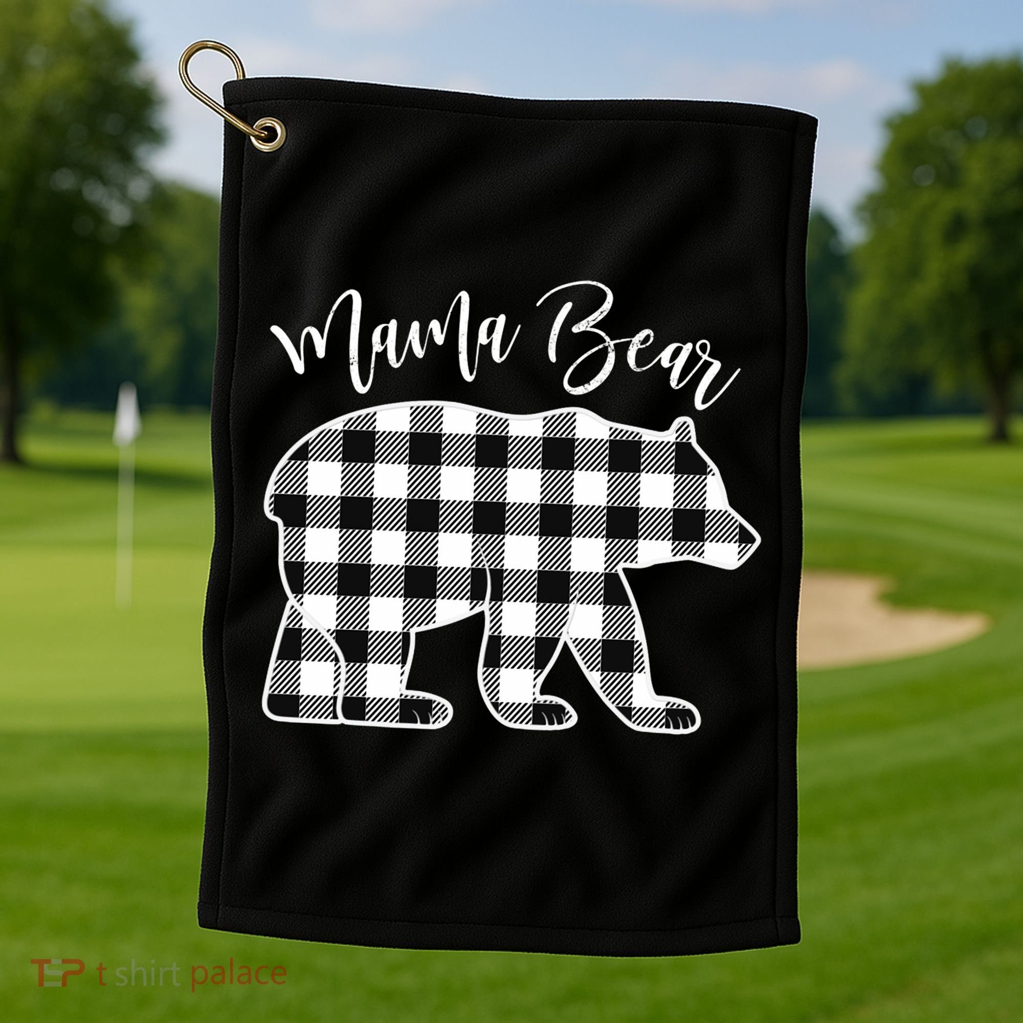 Black And White Buffalo Plaid Mama Bear Christmas Pajama Golf Towel