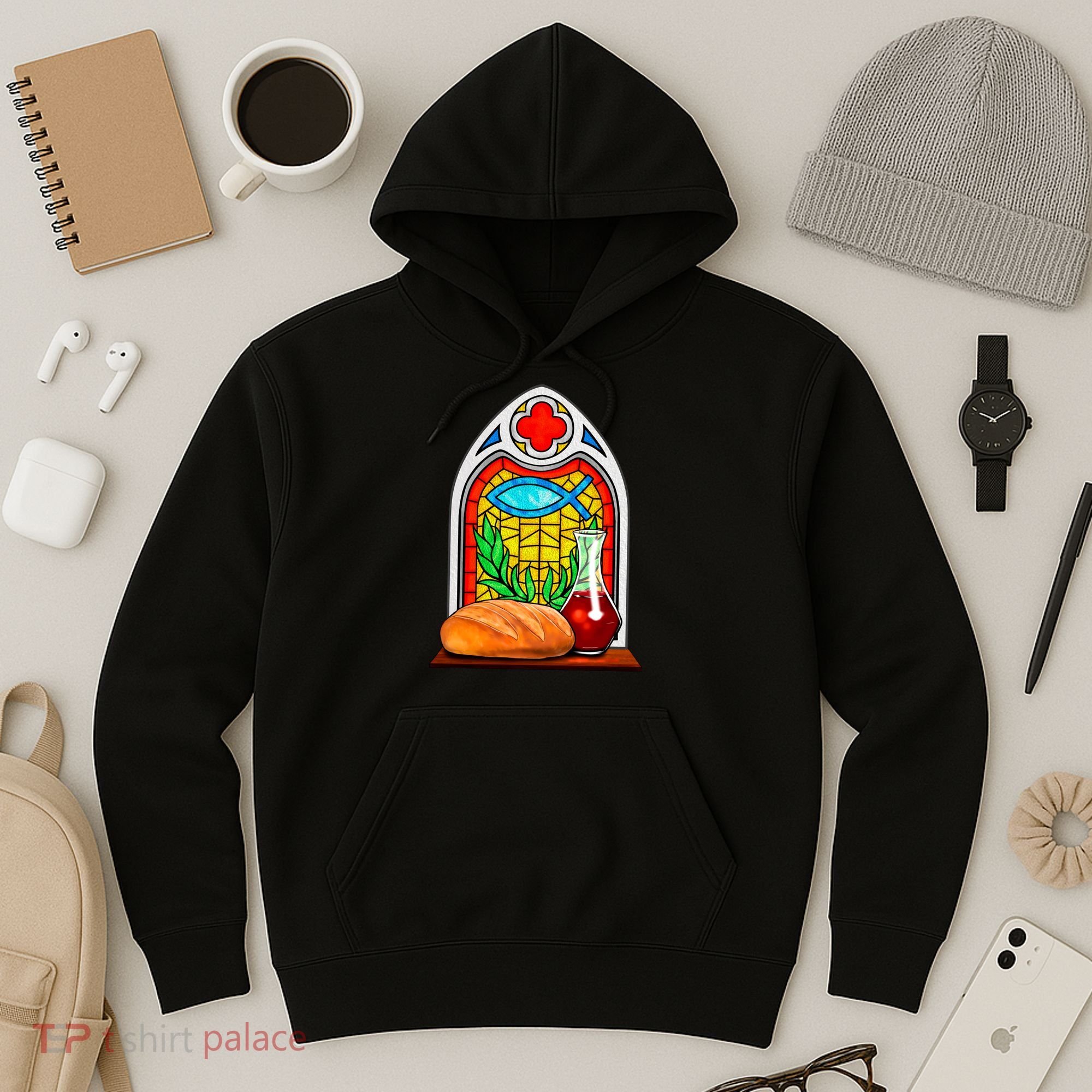 Bread And Wine Christian Stained Glass Catholic Hoodie