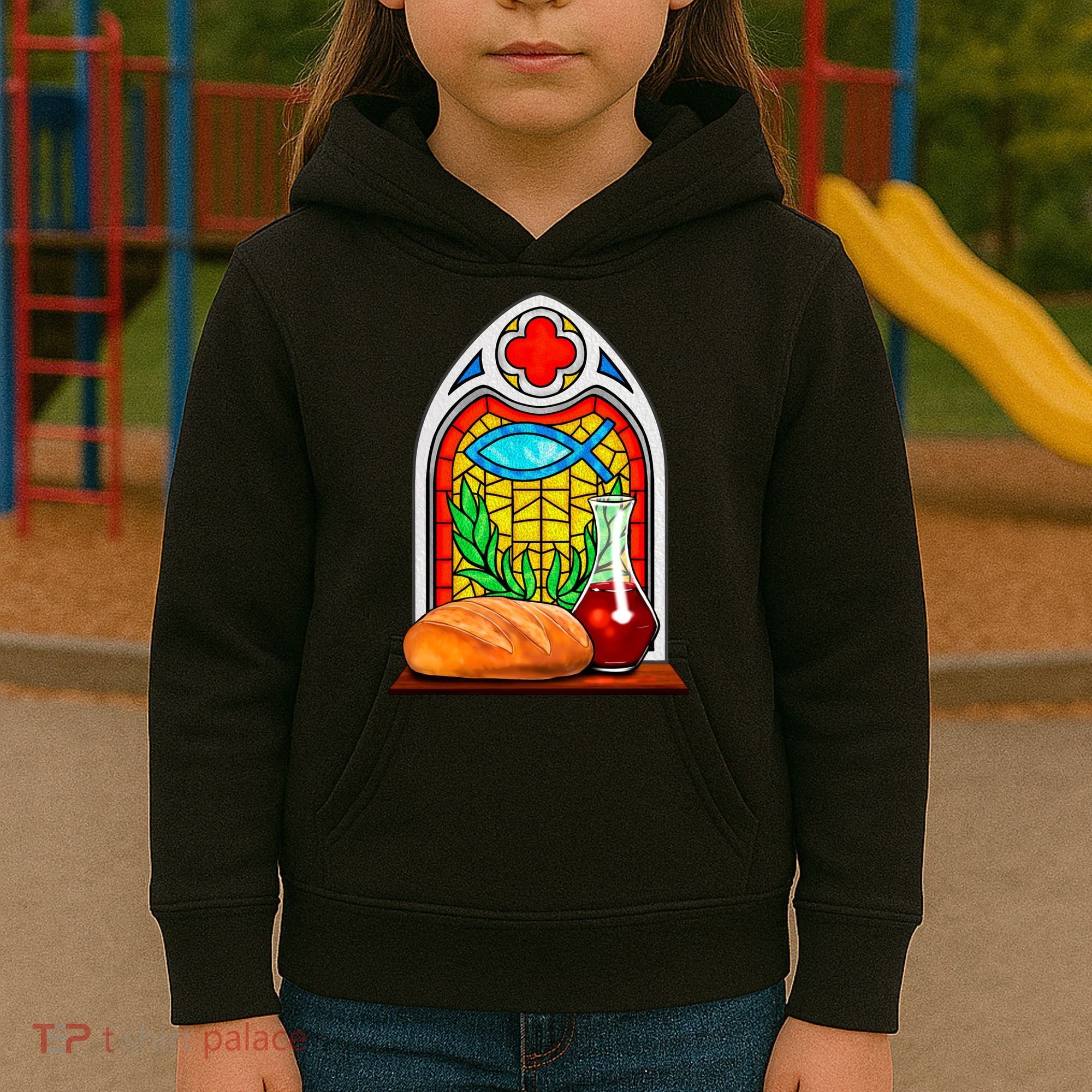 Bread And Wine Christian Stained Glass Catholic Kids Hoodie