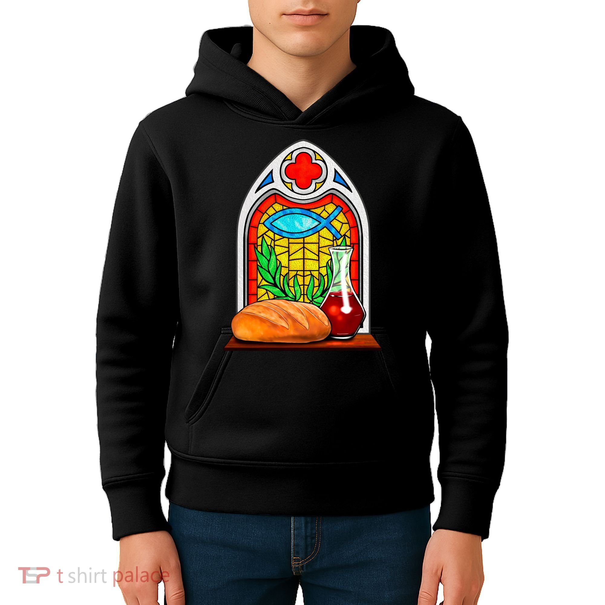 Bread And Wine Christian Stained Glass Catholic Kids Hoodie