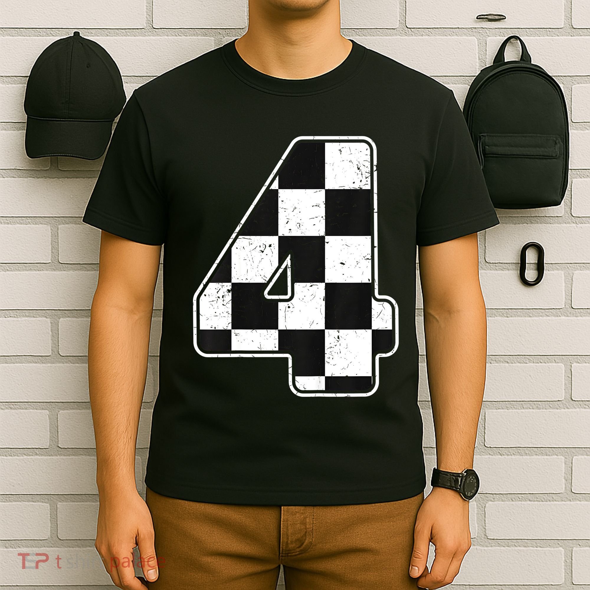 Birthday Boy 4 Four Race Car 4th Birthday Racing Car Flag T-Shirt