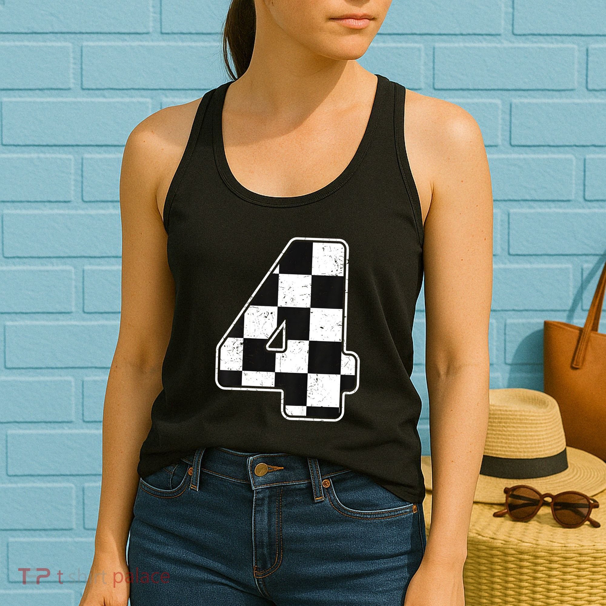 Birthday Boy 4 Four Race Car 4th Birthday Racing Car Flag Women's Tank Top