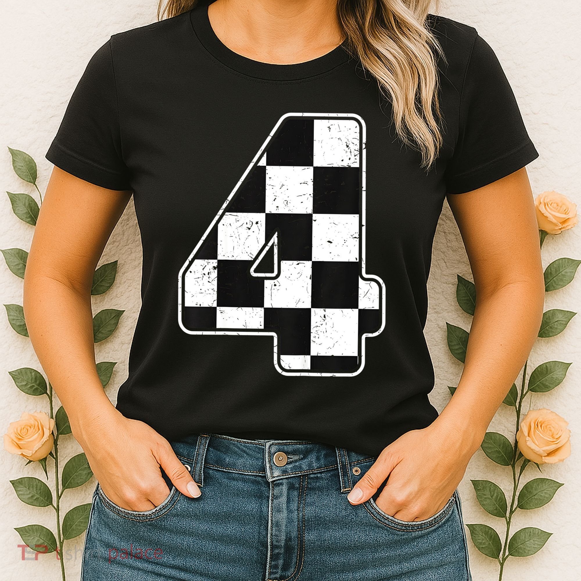 Birthday Boy 4 Four Race Car 4th Birthday Racing Car Flag Women's T-Shirt