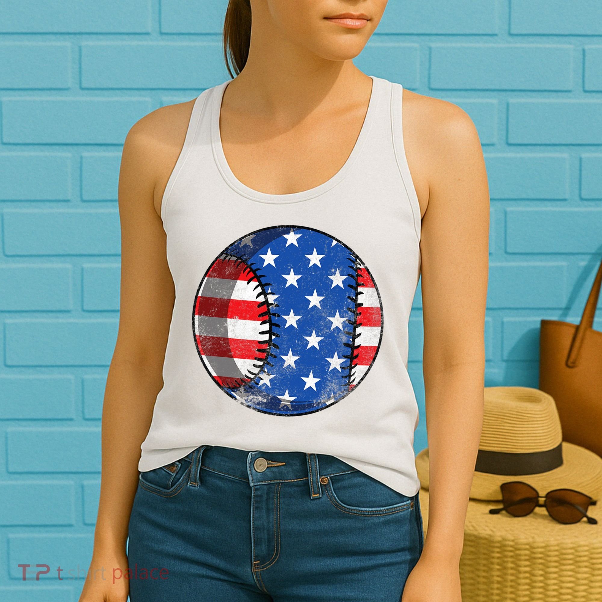 Baseball Ball 4th Of July Boys American Flag Women's Tank Top