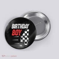 Birthday Boy 4 Four Racing Flag 4th Birthday Race Car Button thumb 0