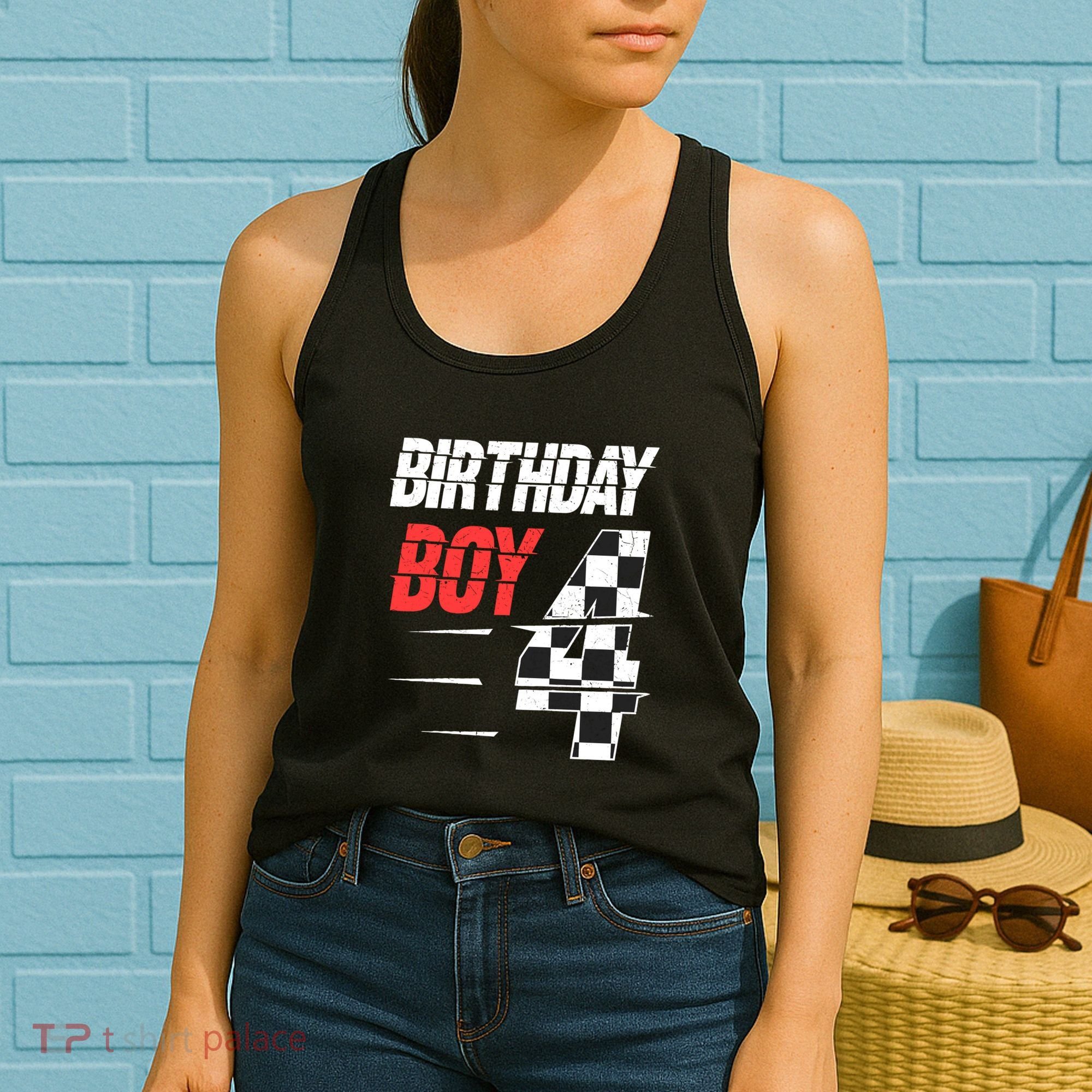 Birthday Boy 4 Four Racing Flag 4th Birthday Race Car Women's Tank Top