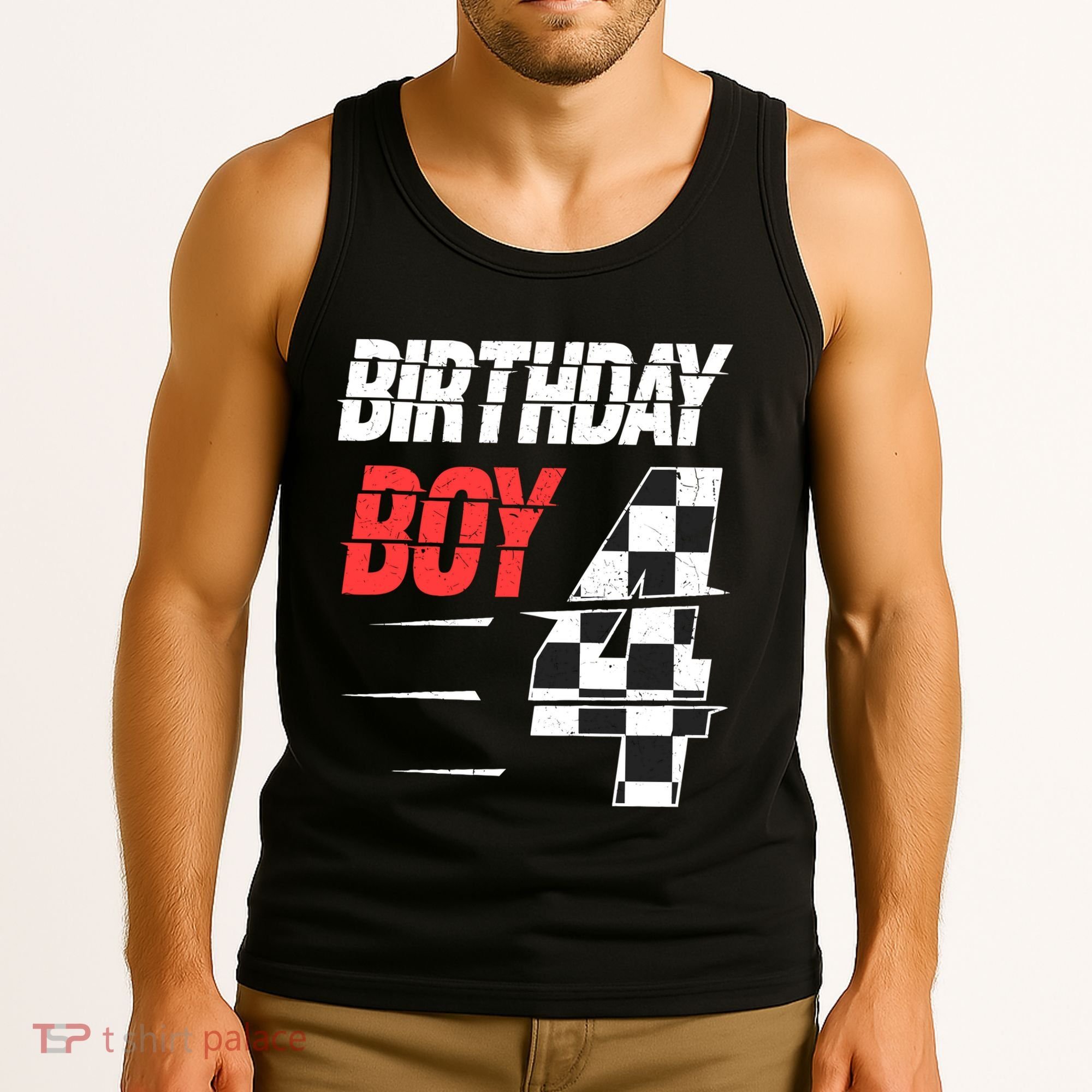 Birthday Boy 4 Four Racing Flag 4th Birthday Race Car Tank Top