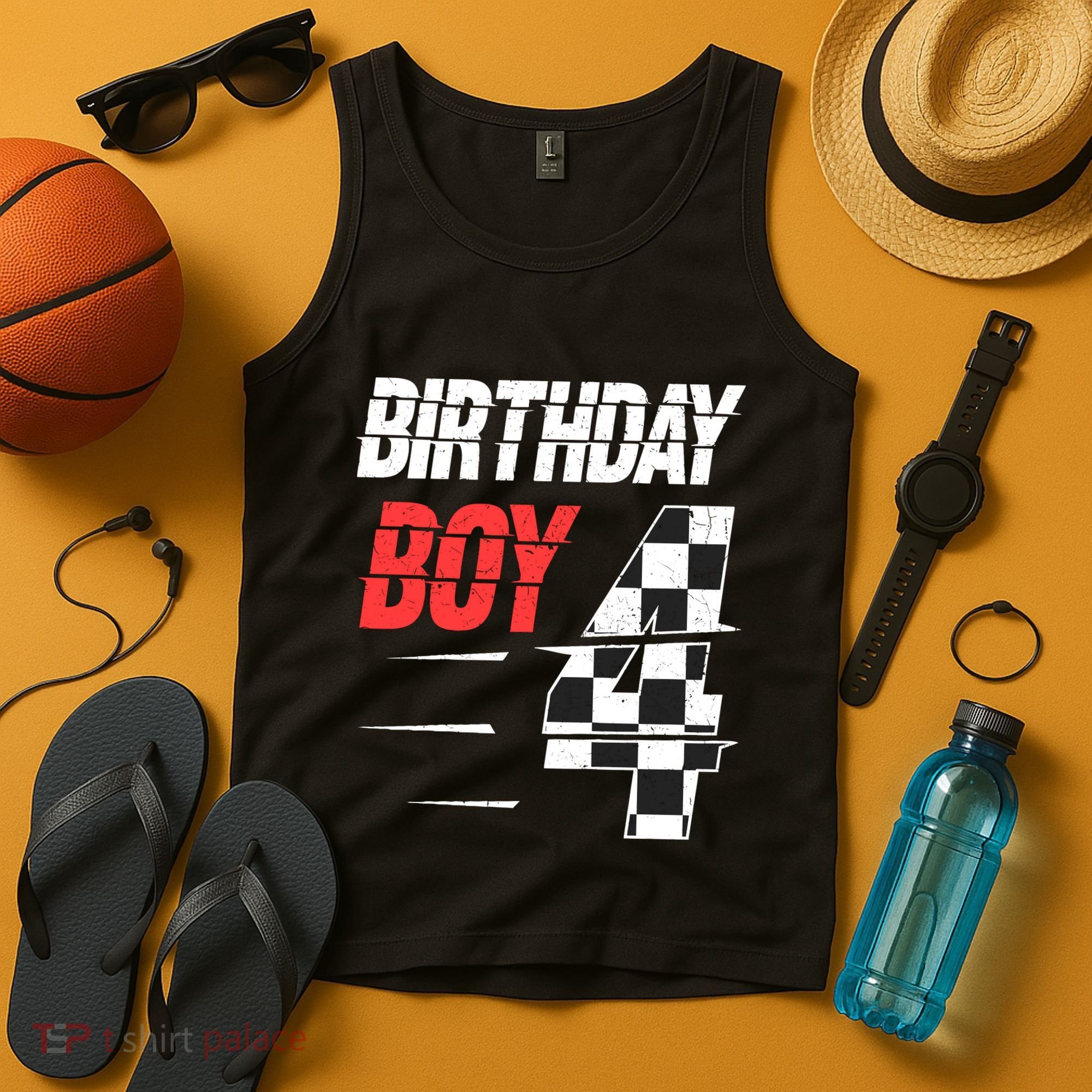 Birthday Boy 4 Four Racing Flag 4th Birthday Race Car Tank Top