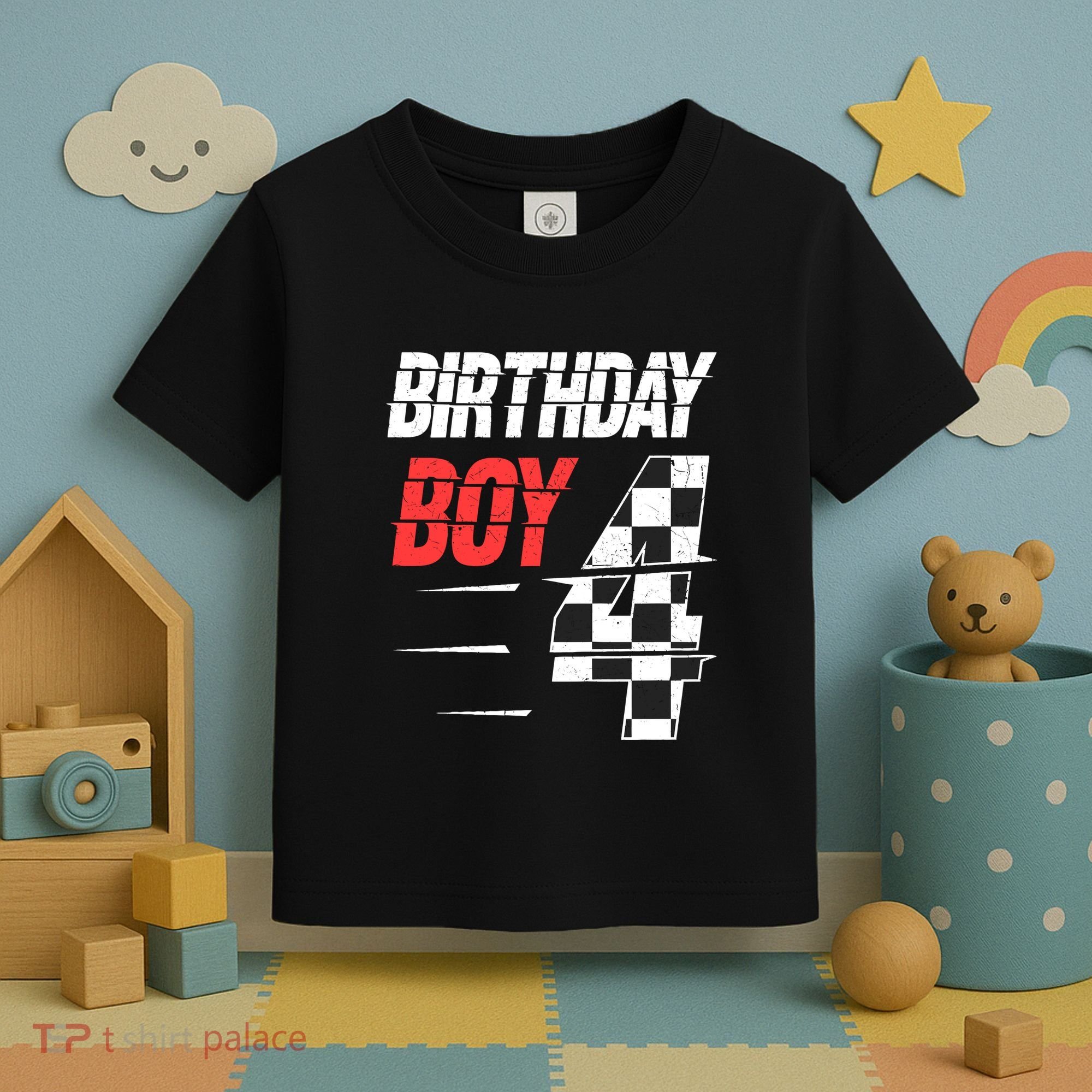 Birthday Boy 4 Four Racing Flag 4th Birthday Race Car Toddler T-Shirt