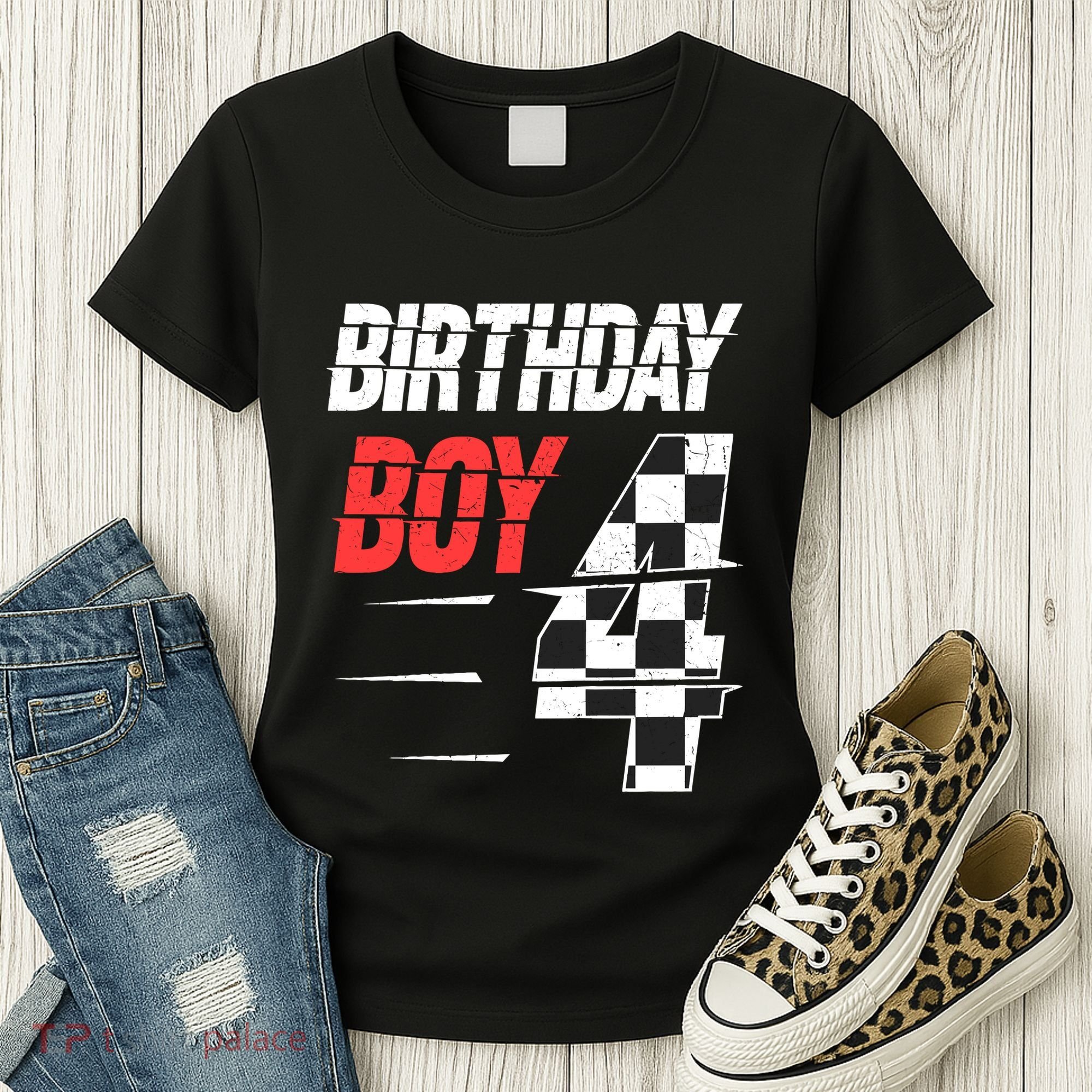 Birthday Boy 4 Four Racing Flag 4th Birthday Race Car Women's T-Shirt
