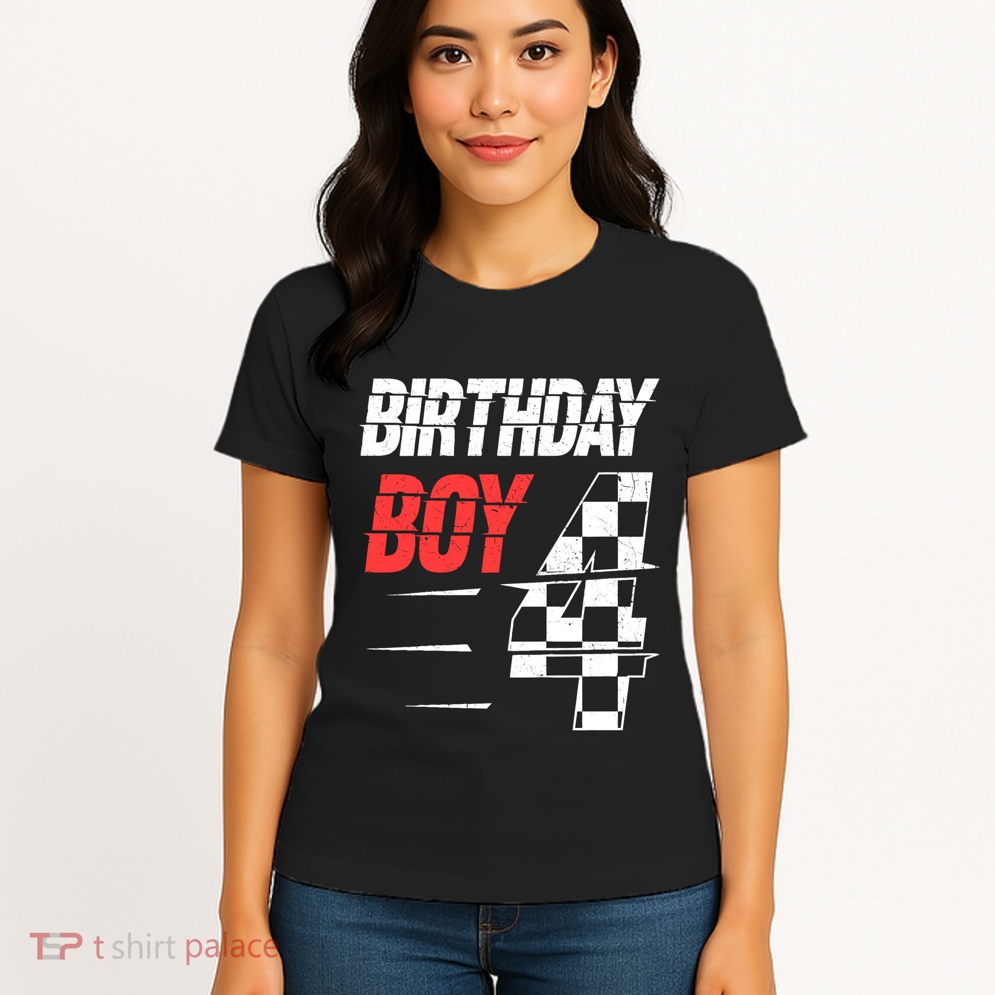 Birthday Boy 4 Four Racing Flag 4th Birthday Race Car Women's T-Shirt
