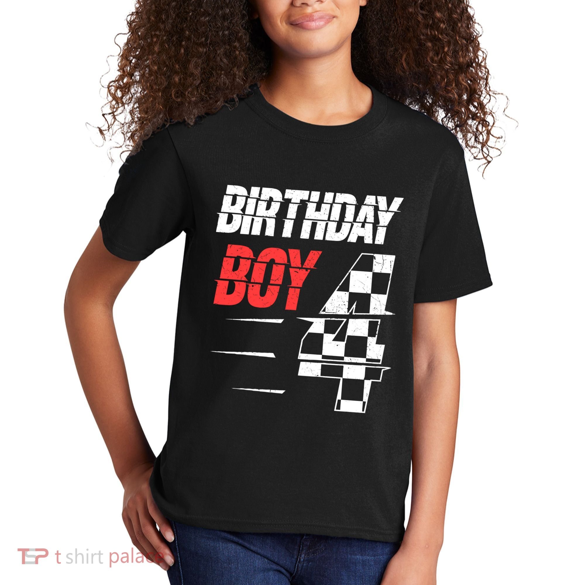 Birthday Boy 4 Four Racing Flag 4th Birthday Race Car Kids T-Shirt