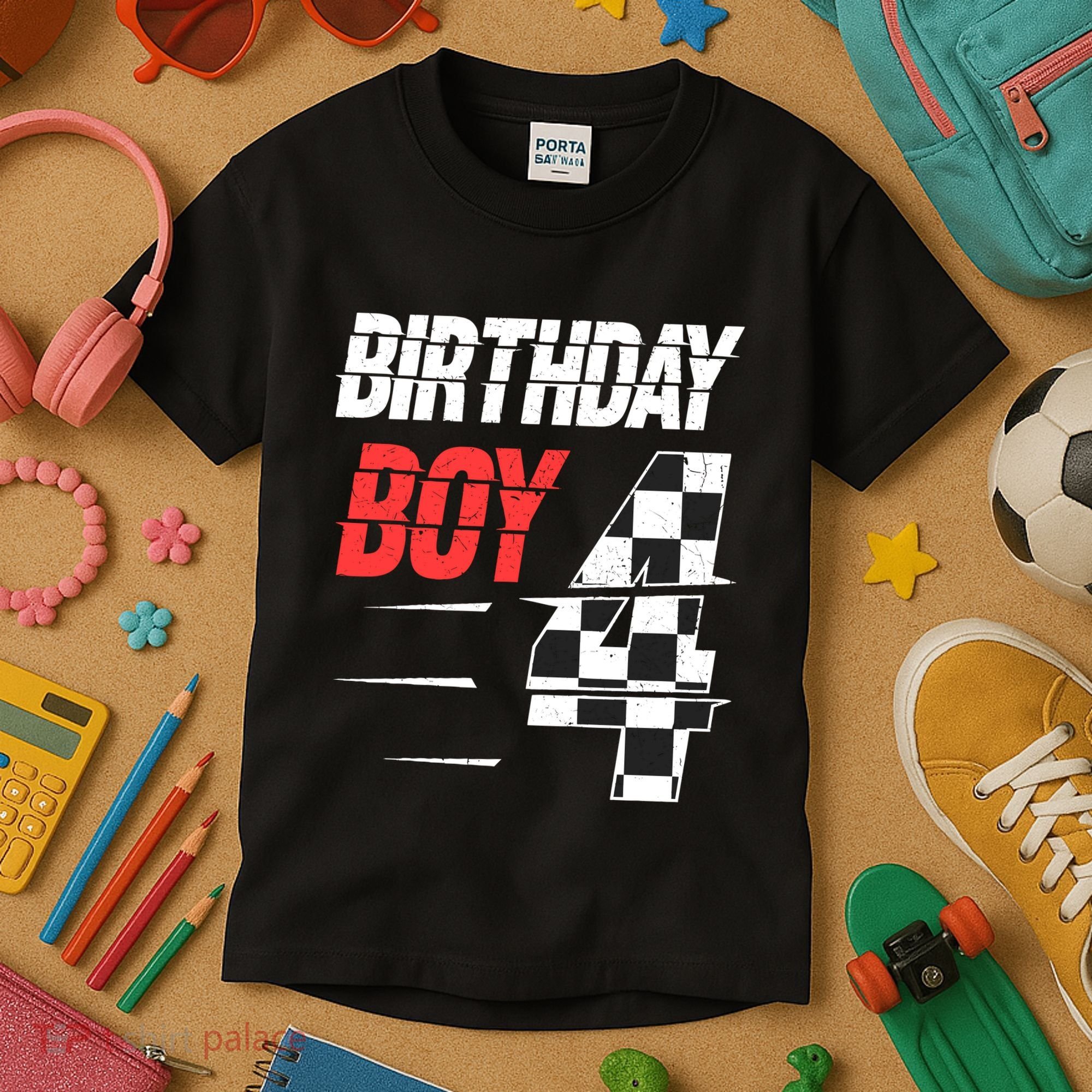 Birthday Boy 4 Four Racing Flag 4th Birthday Race Car Kids T-Shirt