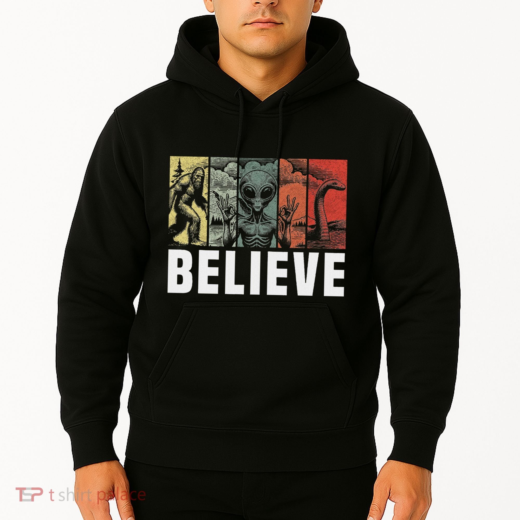 Believe Bigfoot Alien Loch Ness Monster Funny Retro Cryptids Hoodie