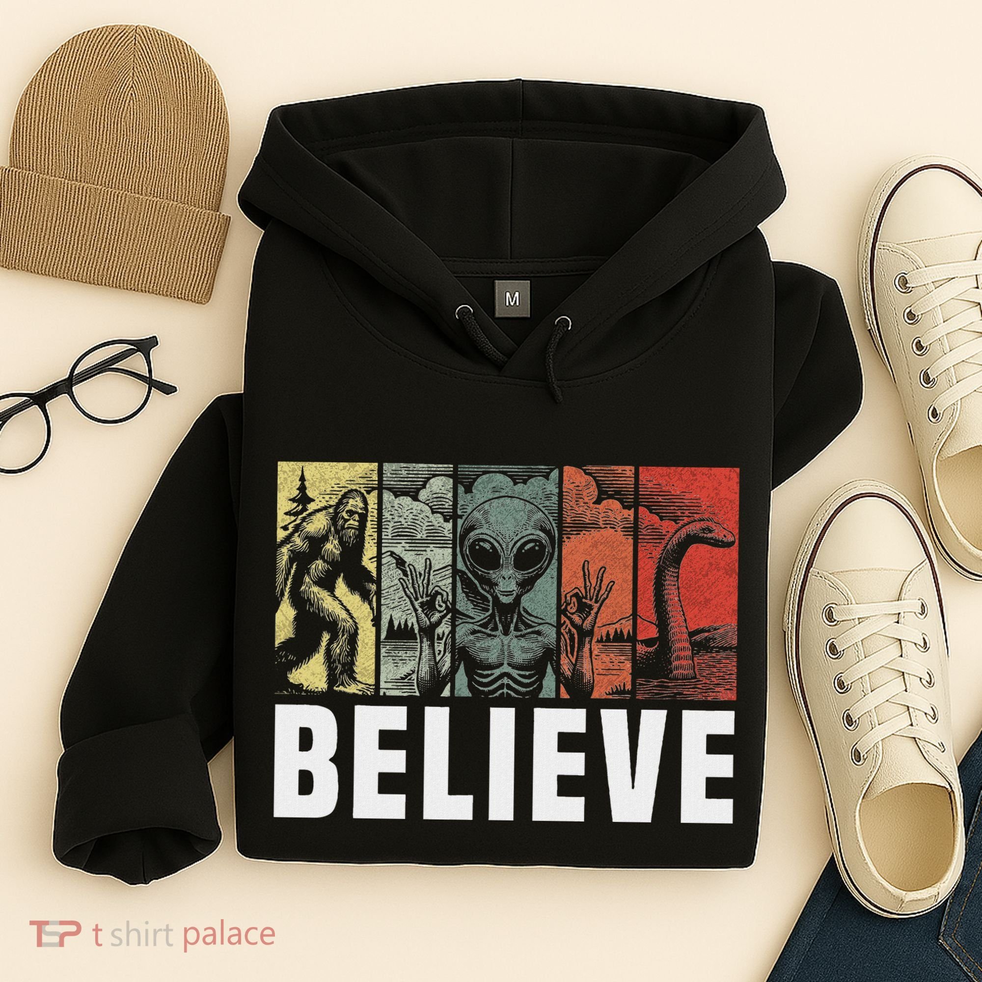 Believe Bigfoot Alien Loch Ness Monster Funny Retro Cryptids Hoodie