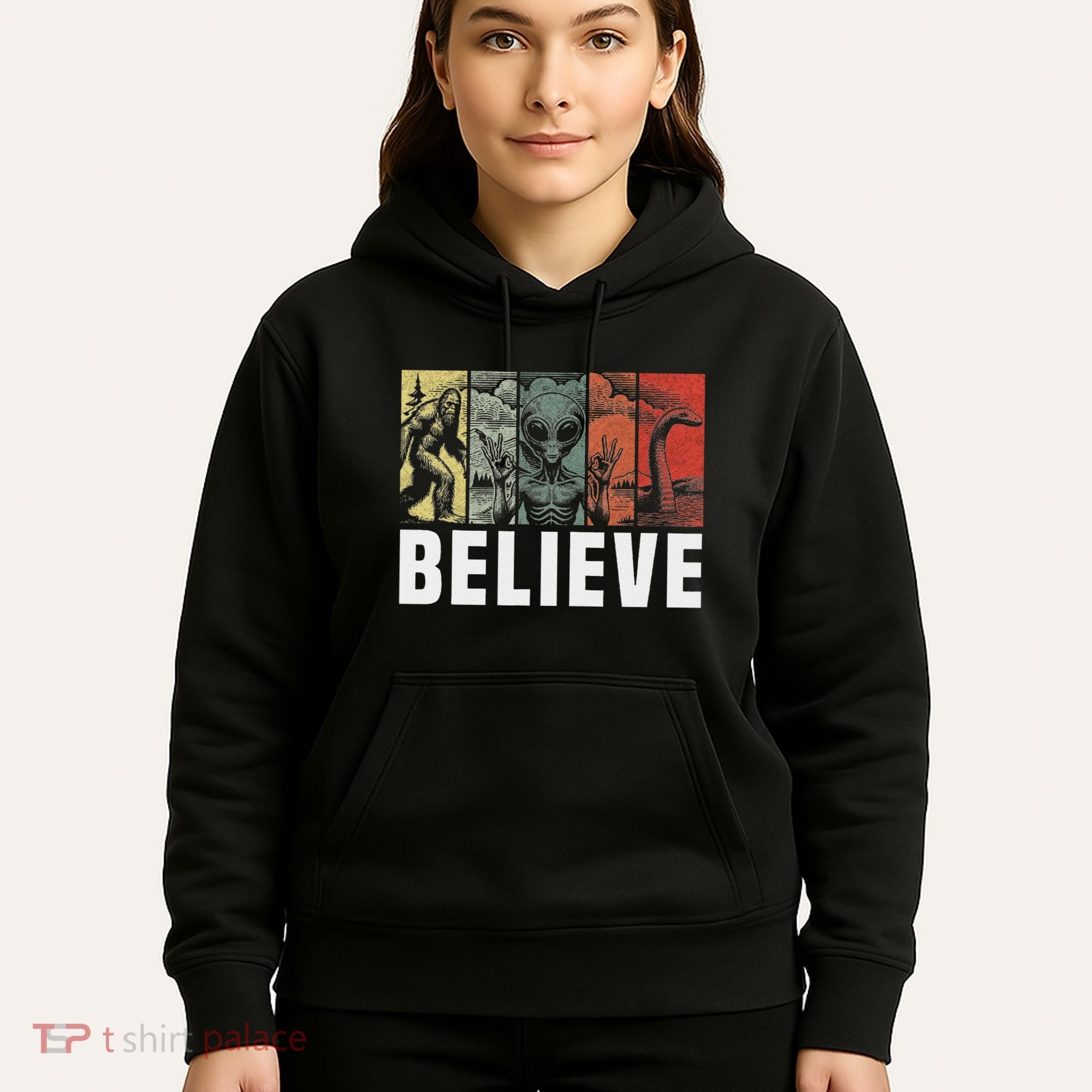 Believe Bigfoot Alien Loch Ness Monster Funny Retro Cryptids Hoodie