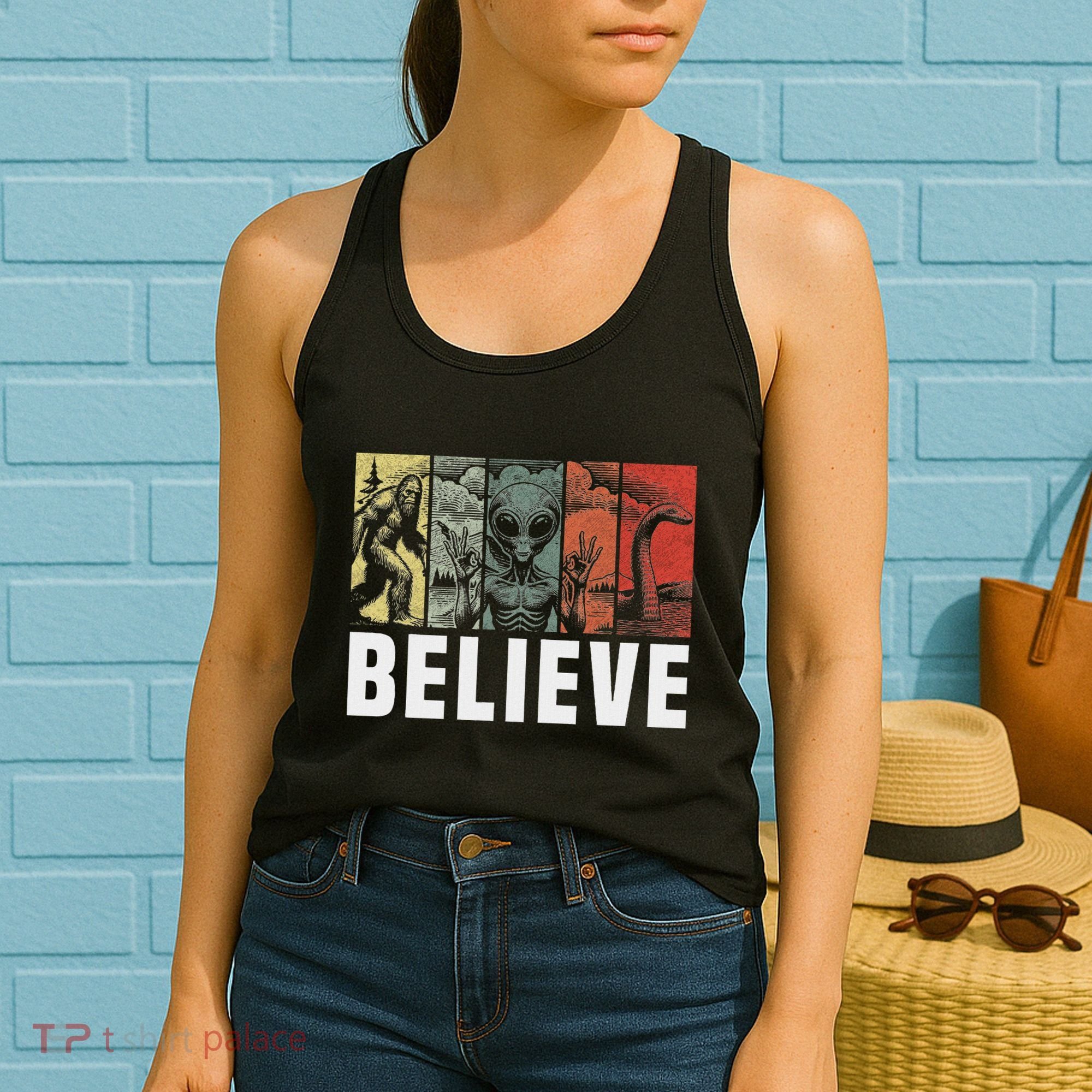 Believe Bigfoot Alien Loch Ness Monster Funny Retro Cryptids Women's Tank Top